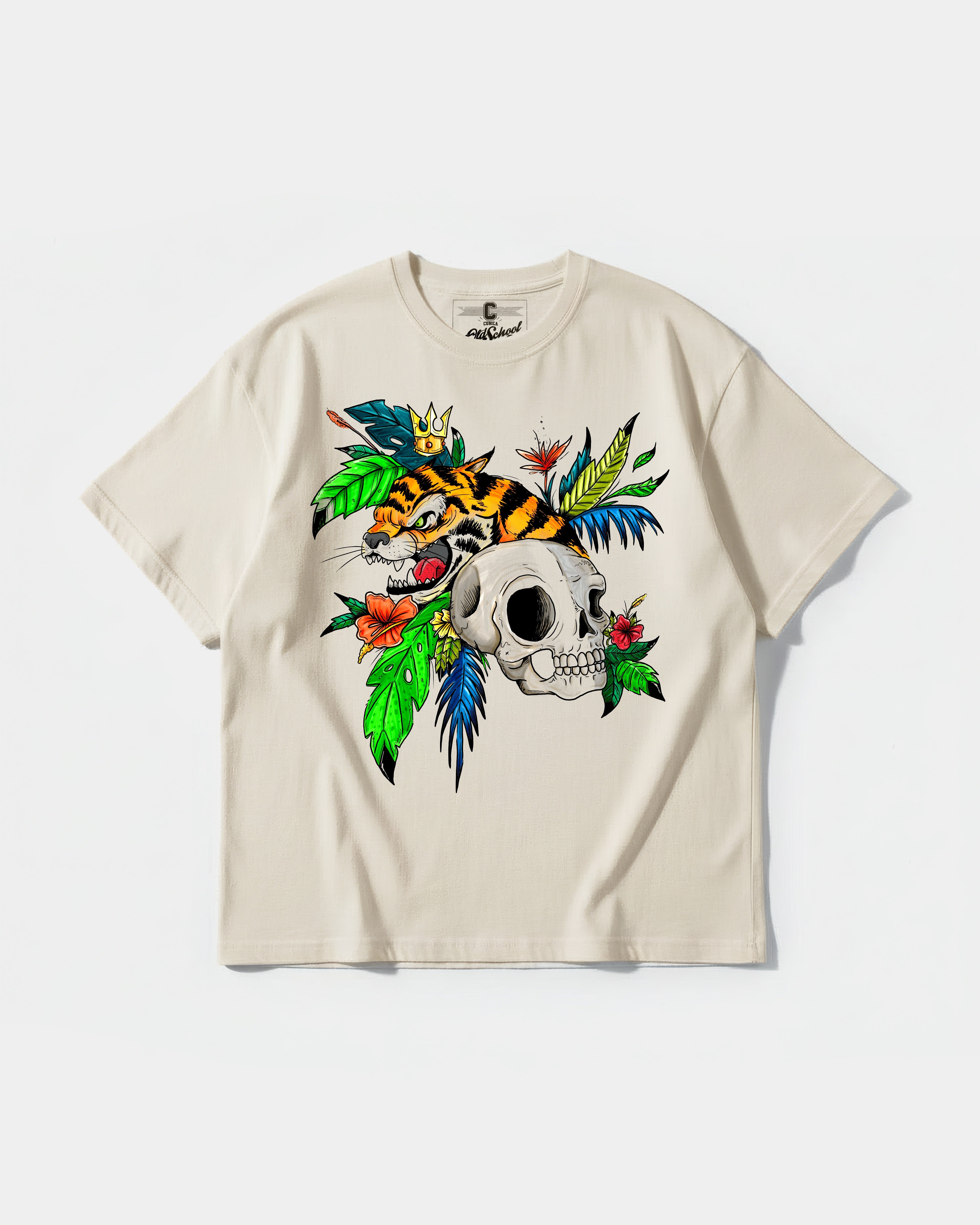 Camiseta Tiger Skull Big Front Oversize Basic Beige