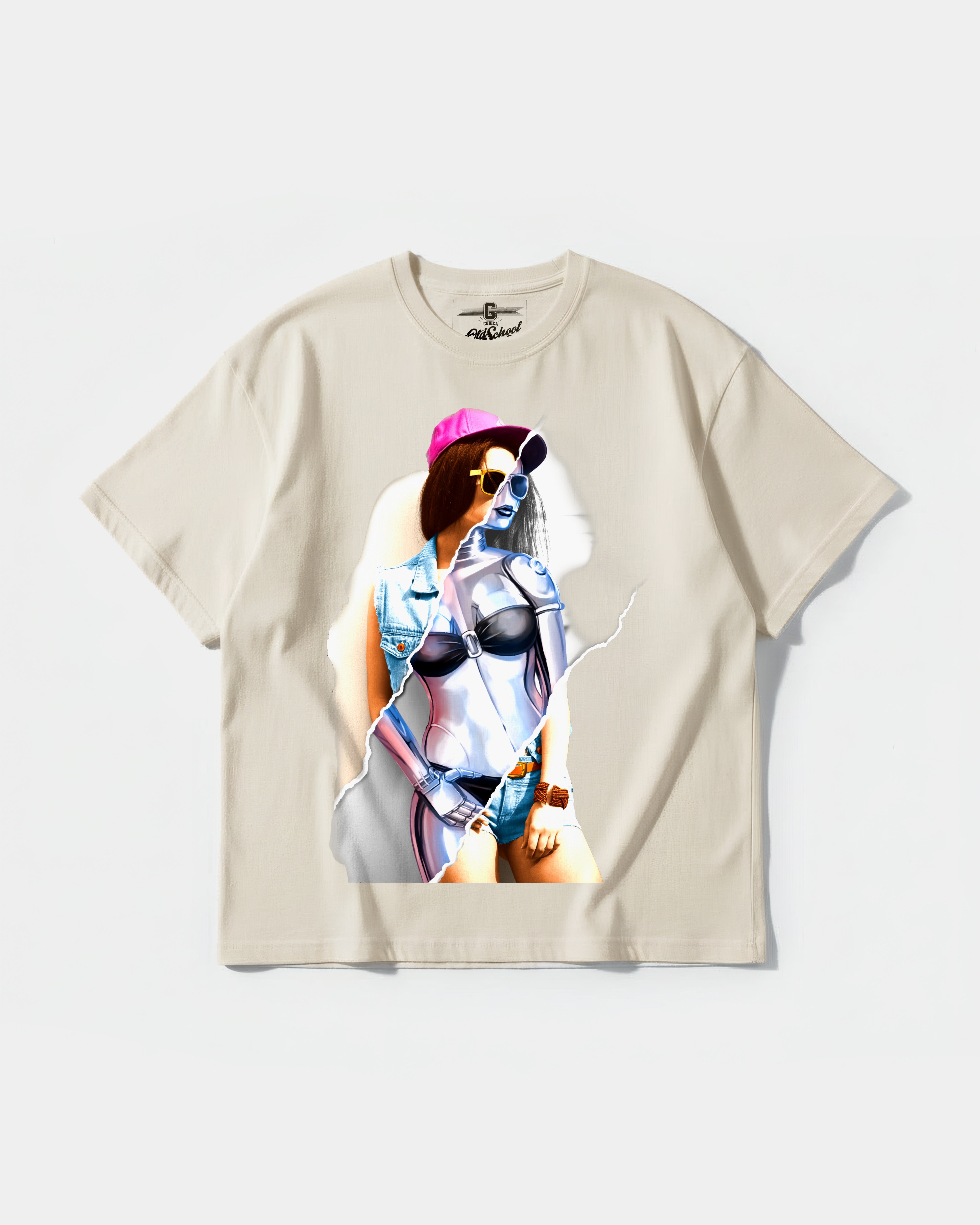 Camiseta Robot Girl Big Front Oversize Basic Beige