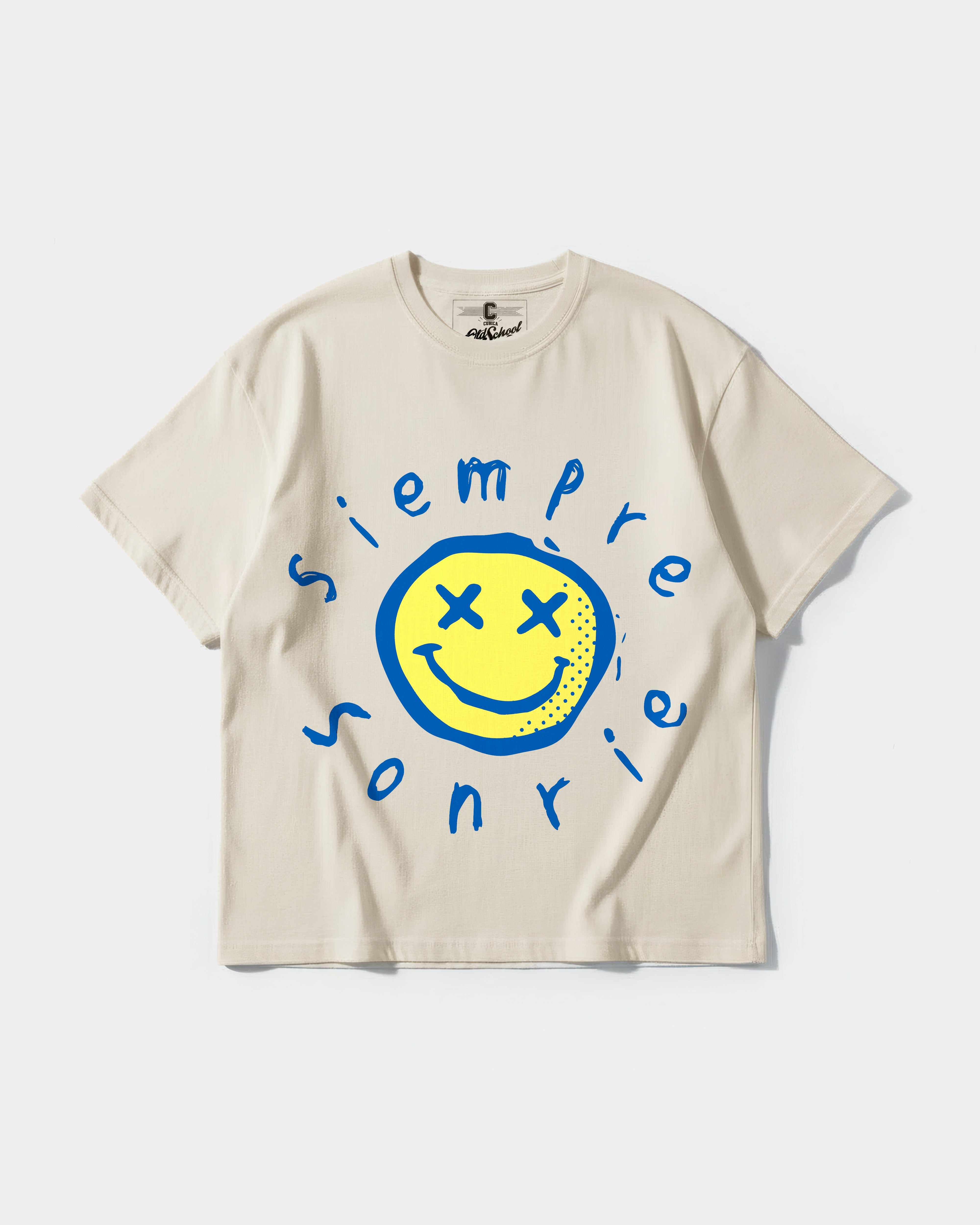 Camiseta Siempre Sonrie Pocket Front Oversize Basic Beige