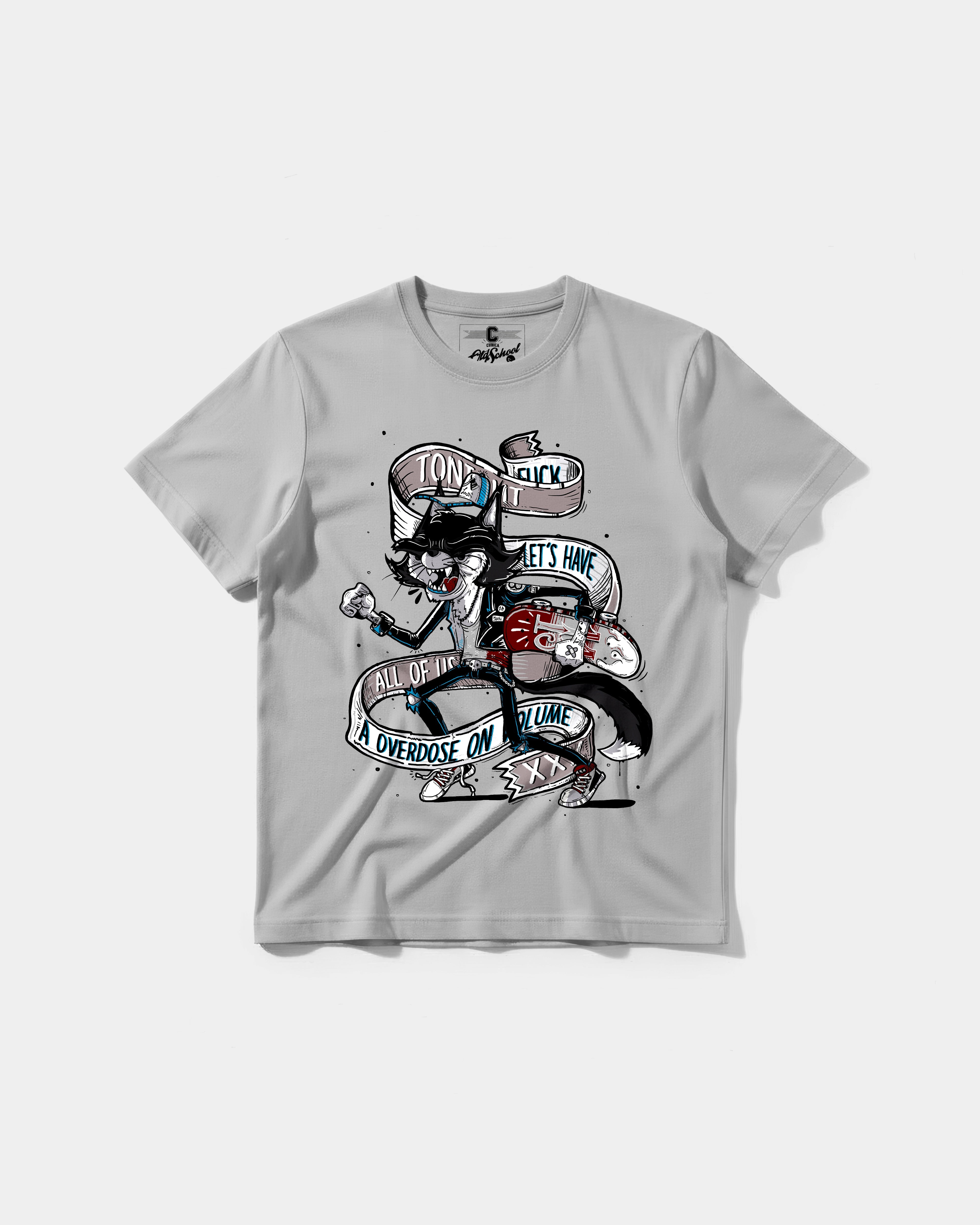Camiseta Skater Cat Big Front Regular Basic Gris