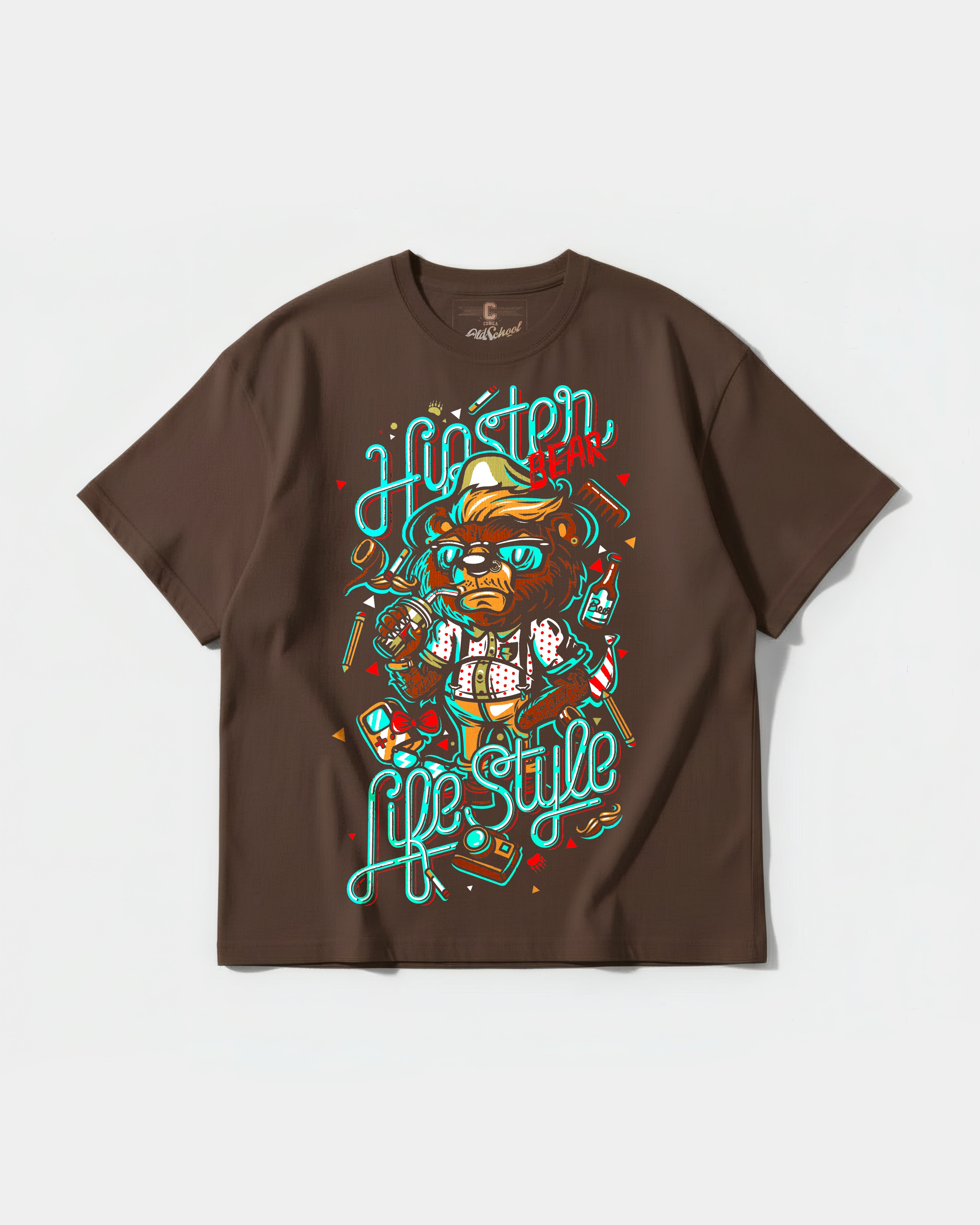Camiseta Hipster Bear Big Front Oversize Basic Marron