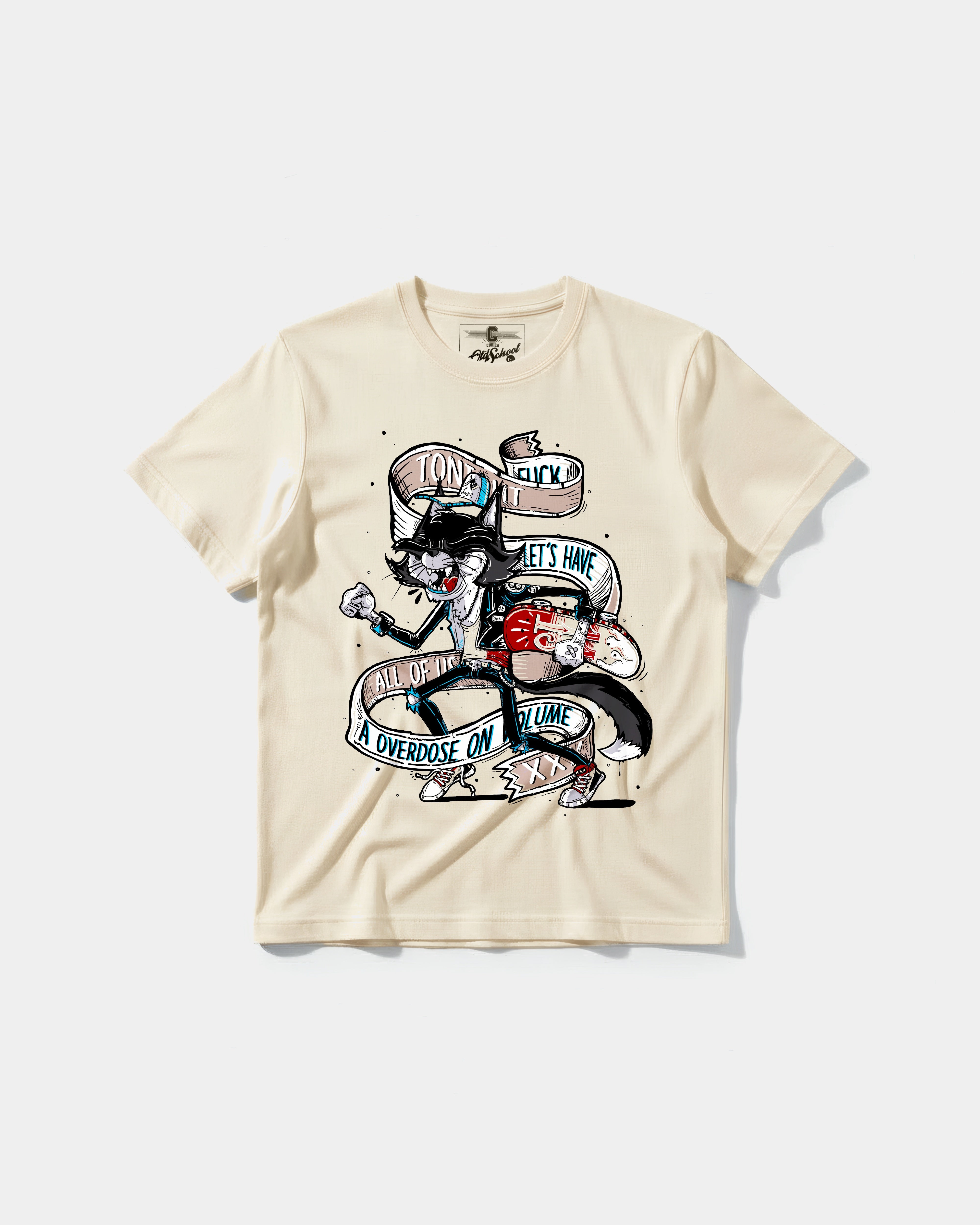 Camiseta Skater Cat Big Front Regular Basic Beige