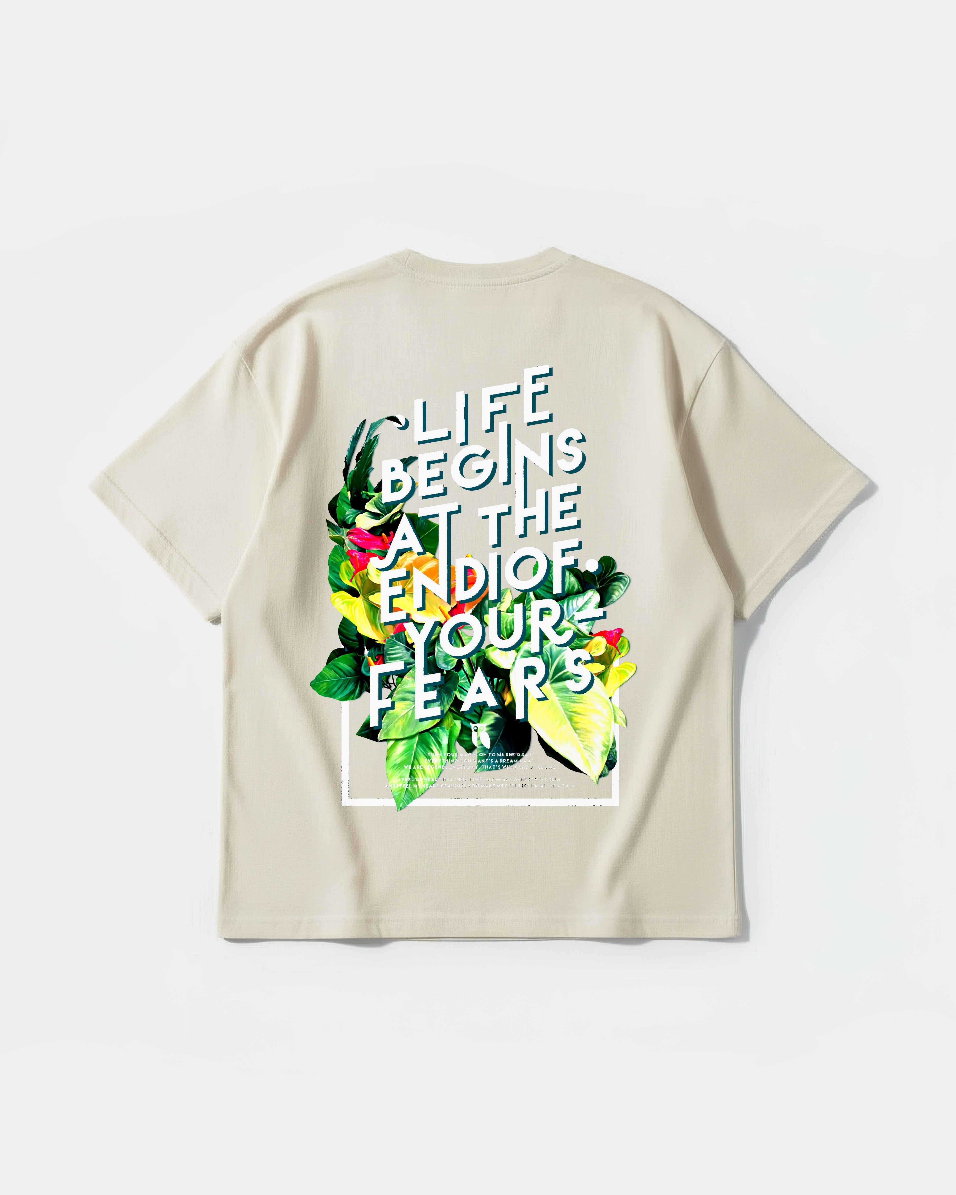 Camiseta Life Begins Big Back Oversize Basic Beige