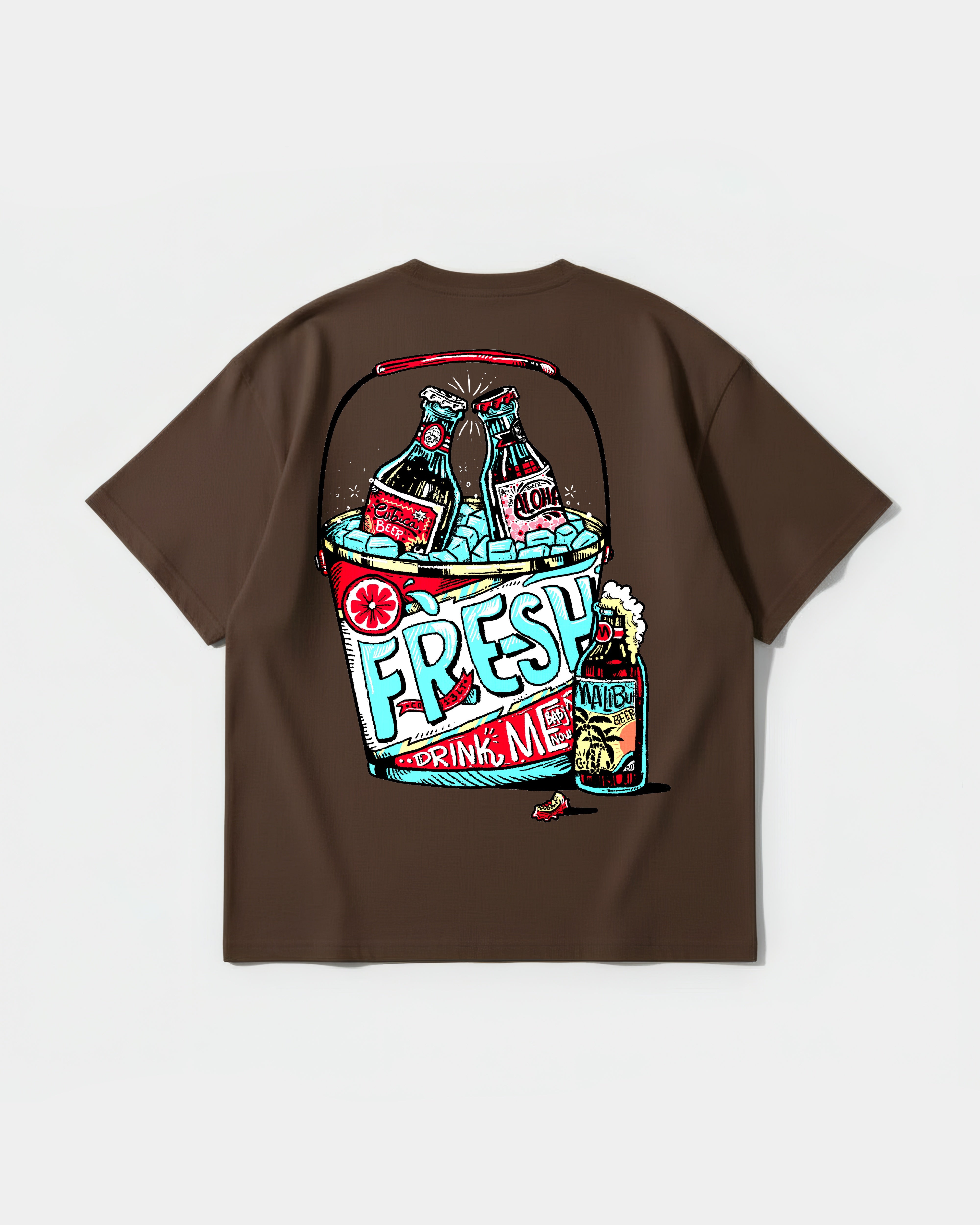 Camiseta Fresh Drink White Pocket Front Oversize Basic Marron