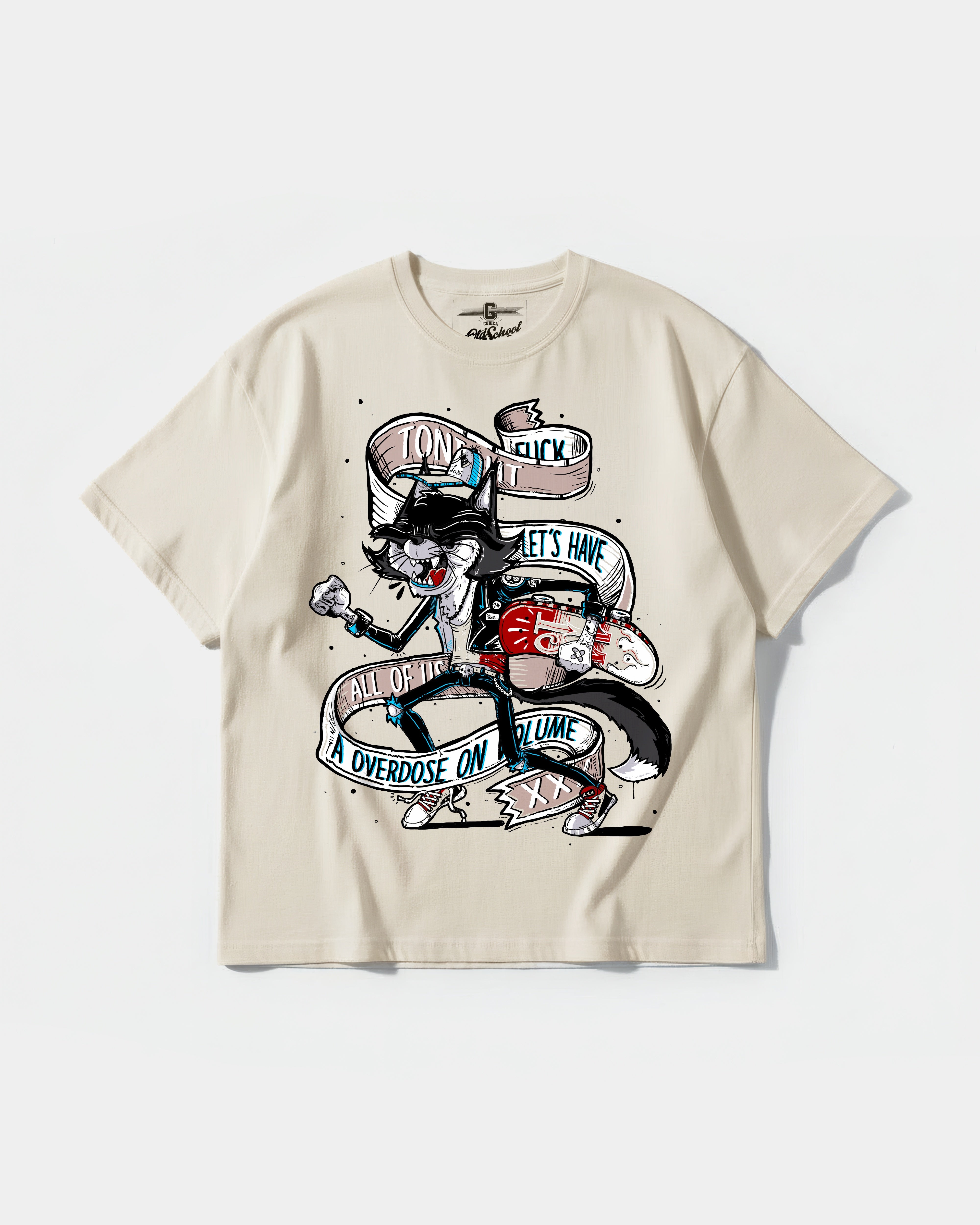 Camiseta Skater Cat Big Front Oversize Basic Beige