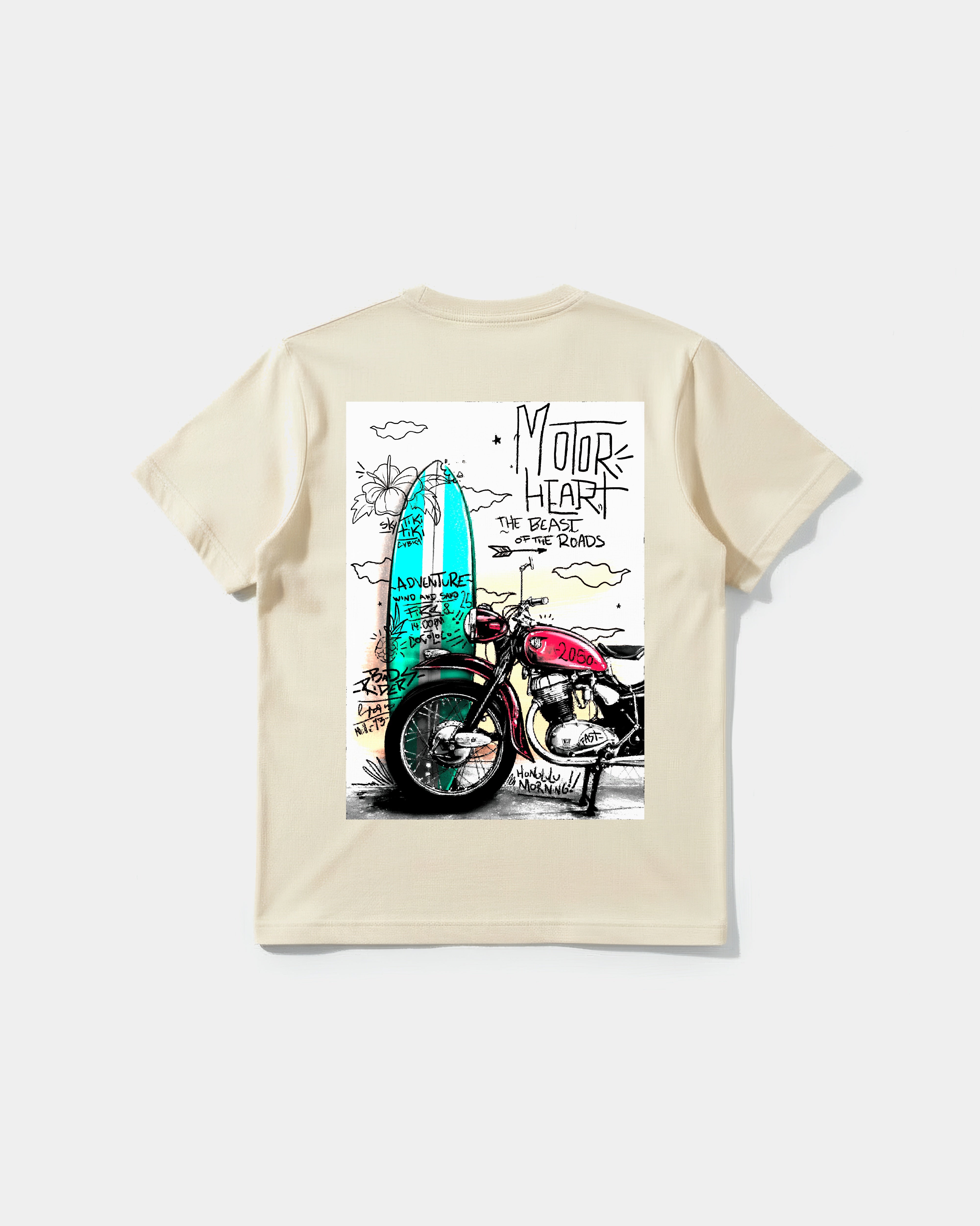 Camiseta Motor Heart White Pocket Front Regular Basic Beige
