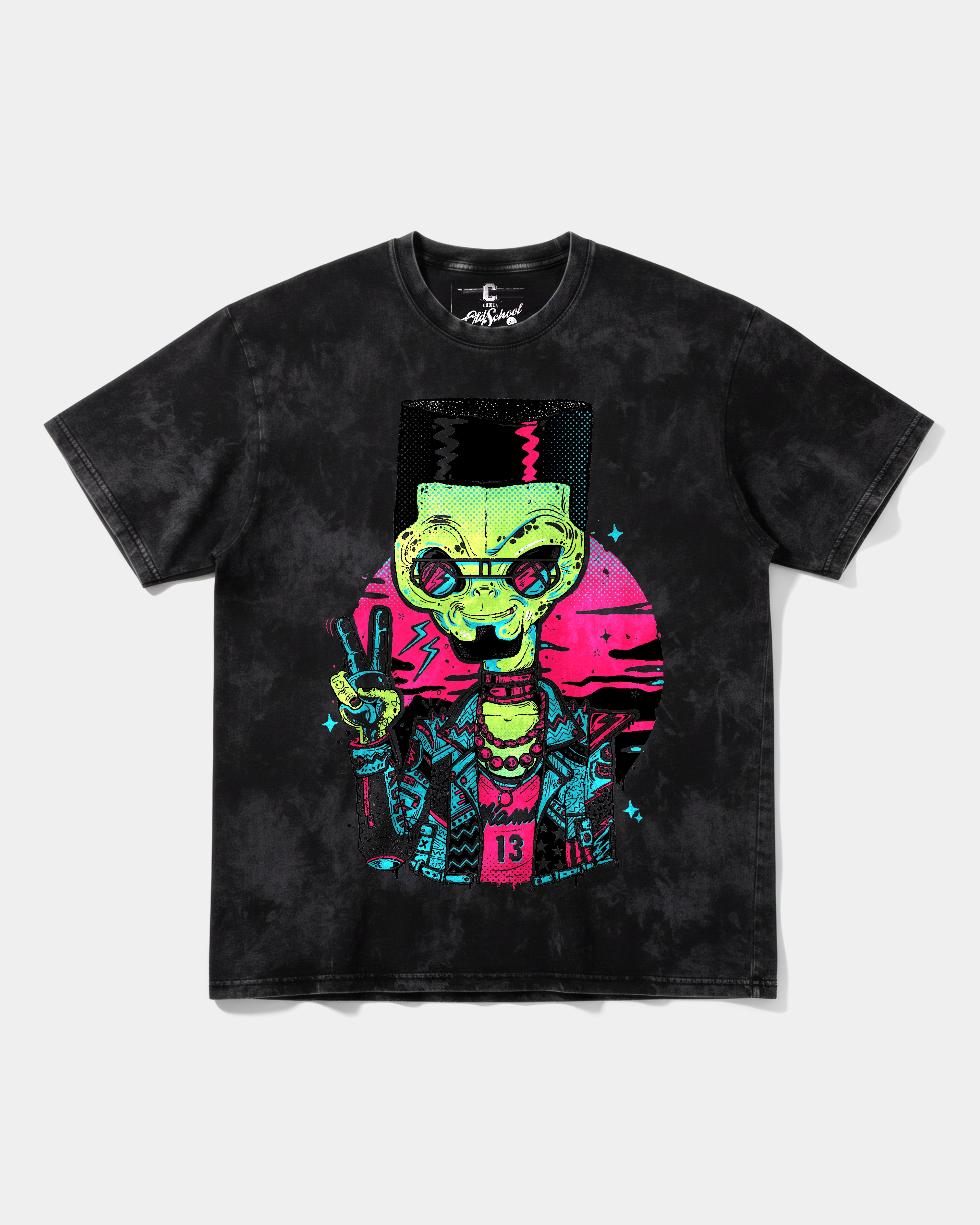 Camiseta Alien In Miami Big Front Oversize Acid Negro