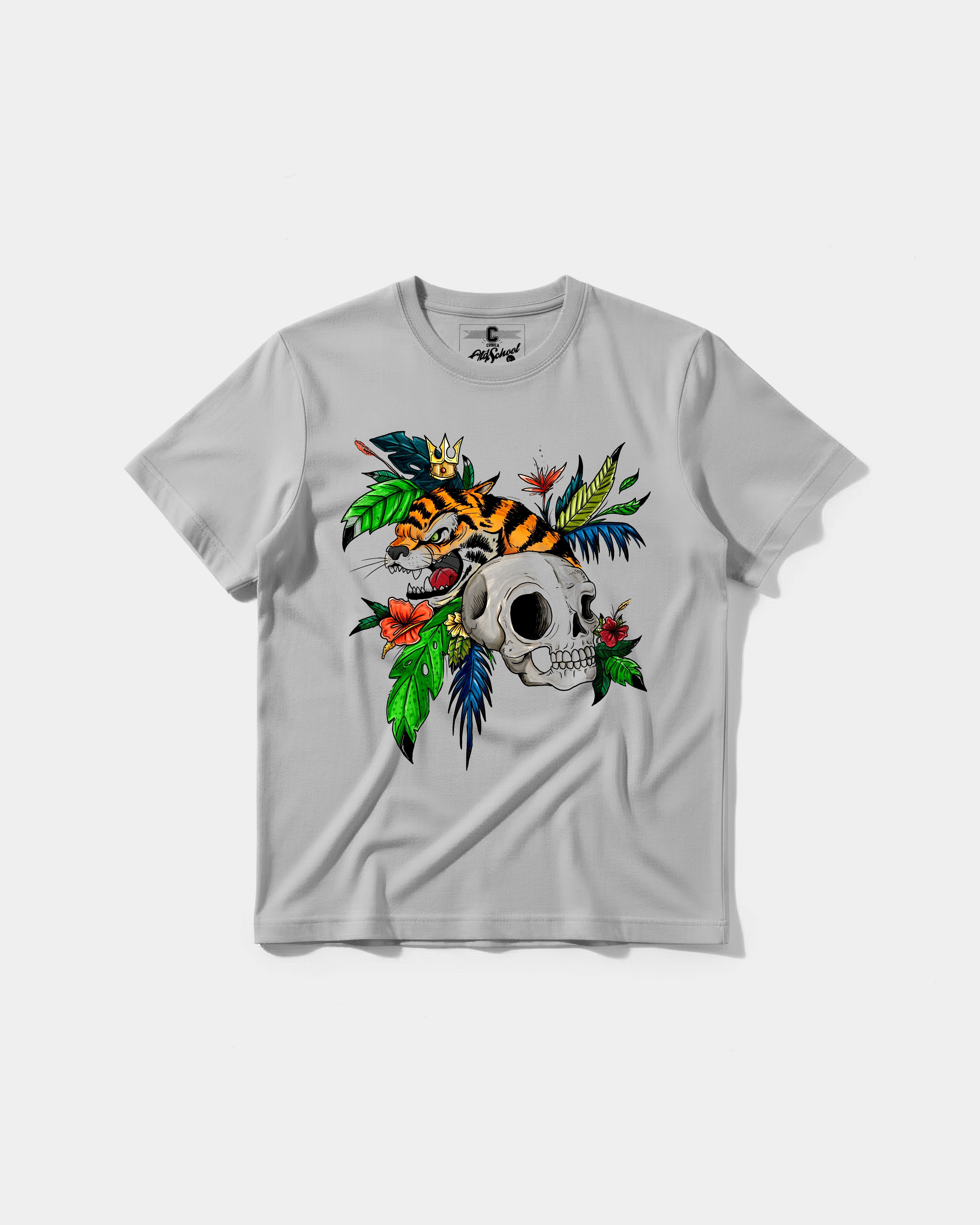 Camiseta Tiger Skull Big Front Regular Basic Gris