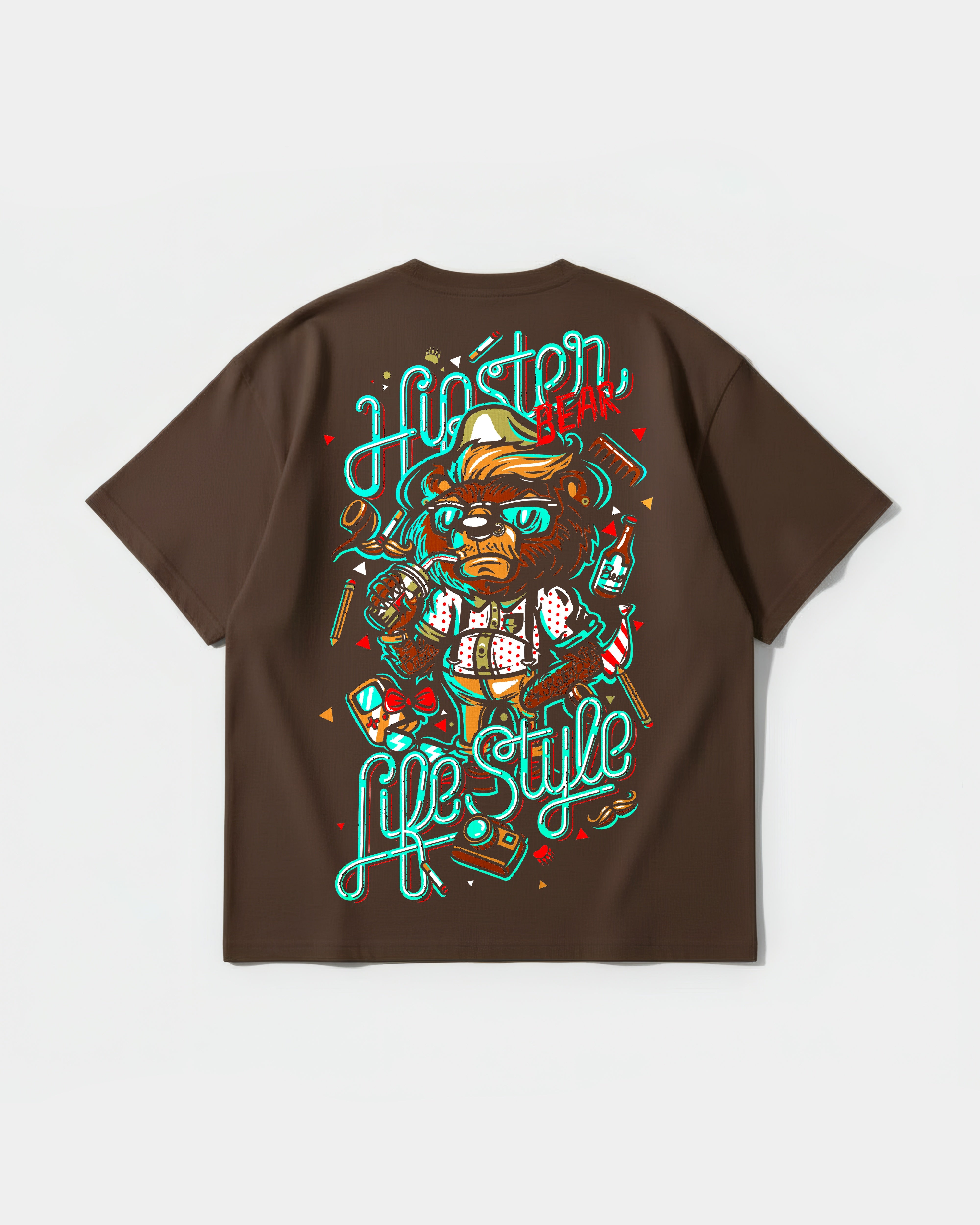 Camiseta Hipster Bear Pocket Front Oversize Basic Marron
