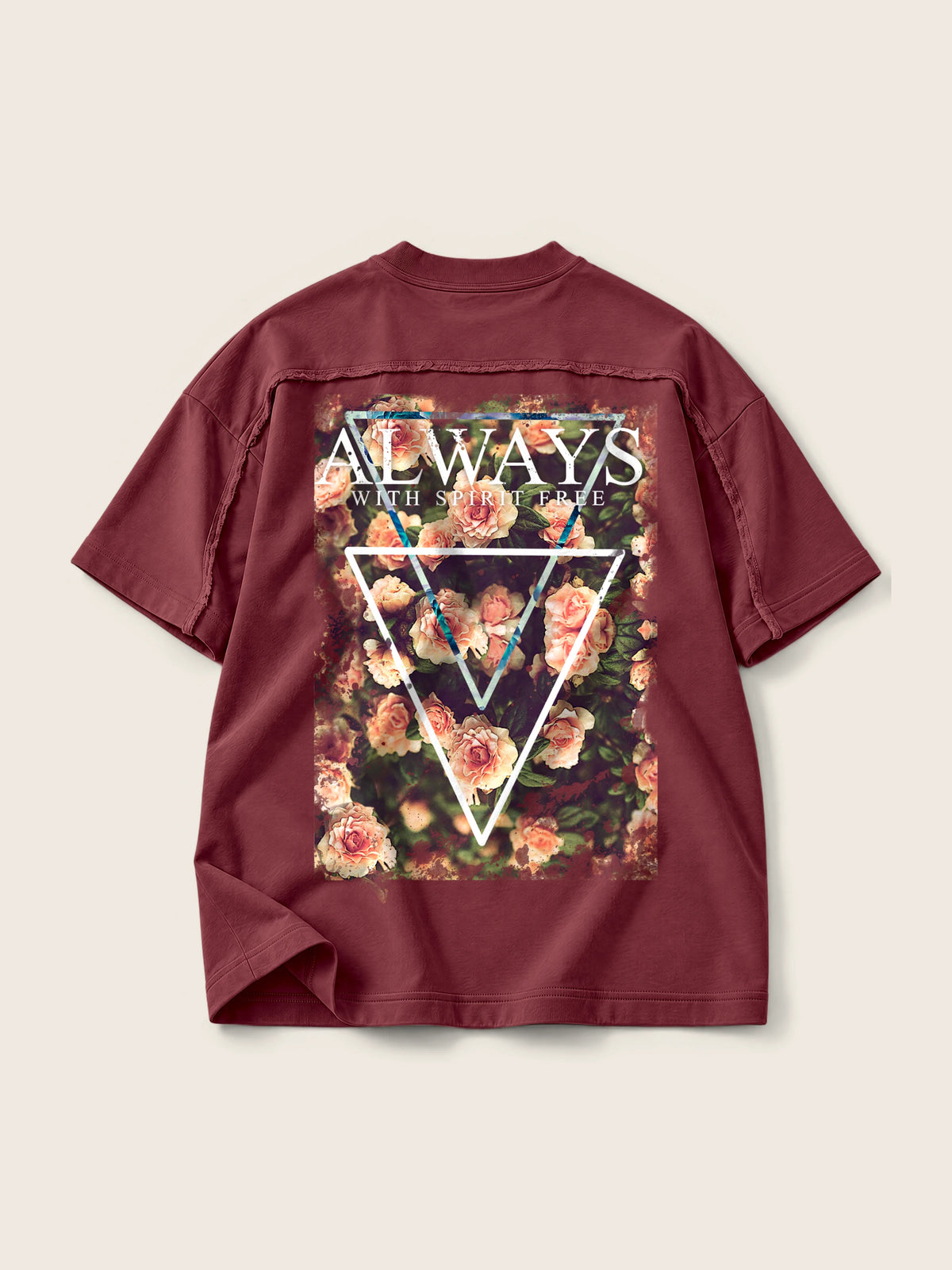 Always Free Spirit · Camiseta Semi Oversize con Cortes 410g, vino, estampado espalda, vista trasera