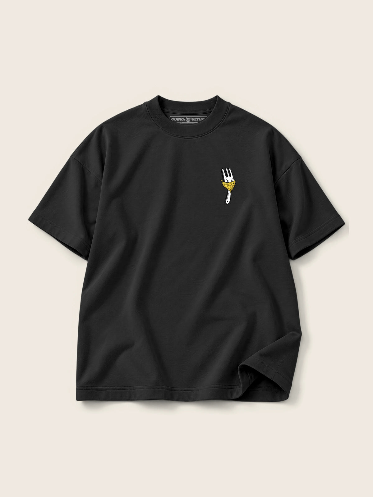Angry Fork · Camiseta Semi Oversize con Cortes 410g, negro, estampado bolsillo + espalda, vista frontal