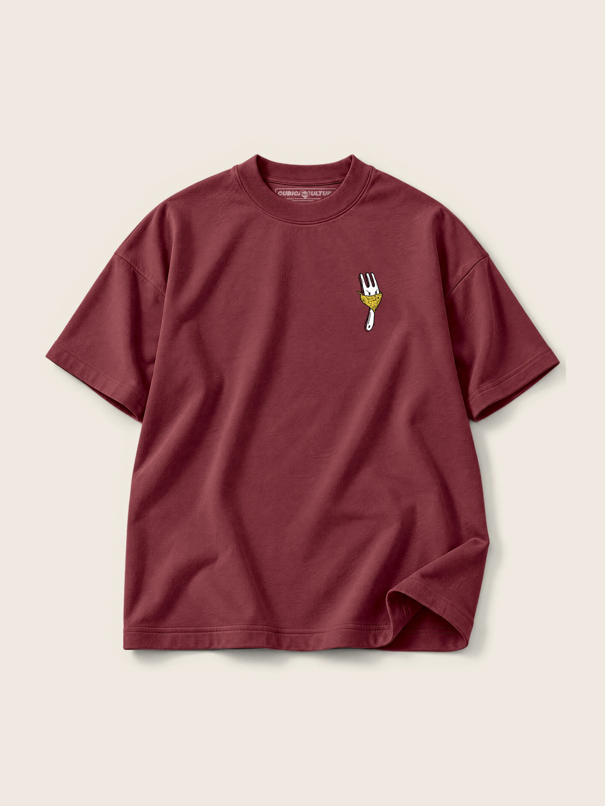 Angry Fork · Camiseta Semi Oversize con Cortes 410g, vino, estampado bolsillo, vista frontal