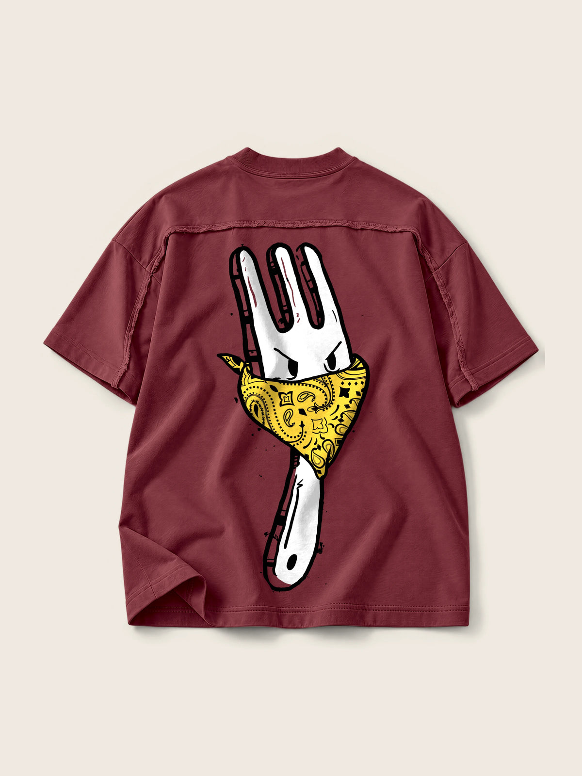 Angry Fork · Camiseta Semi Oversize con Cortes 410g, vino, estampado espalda, vista trasera