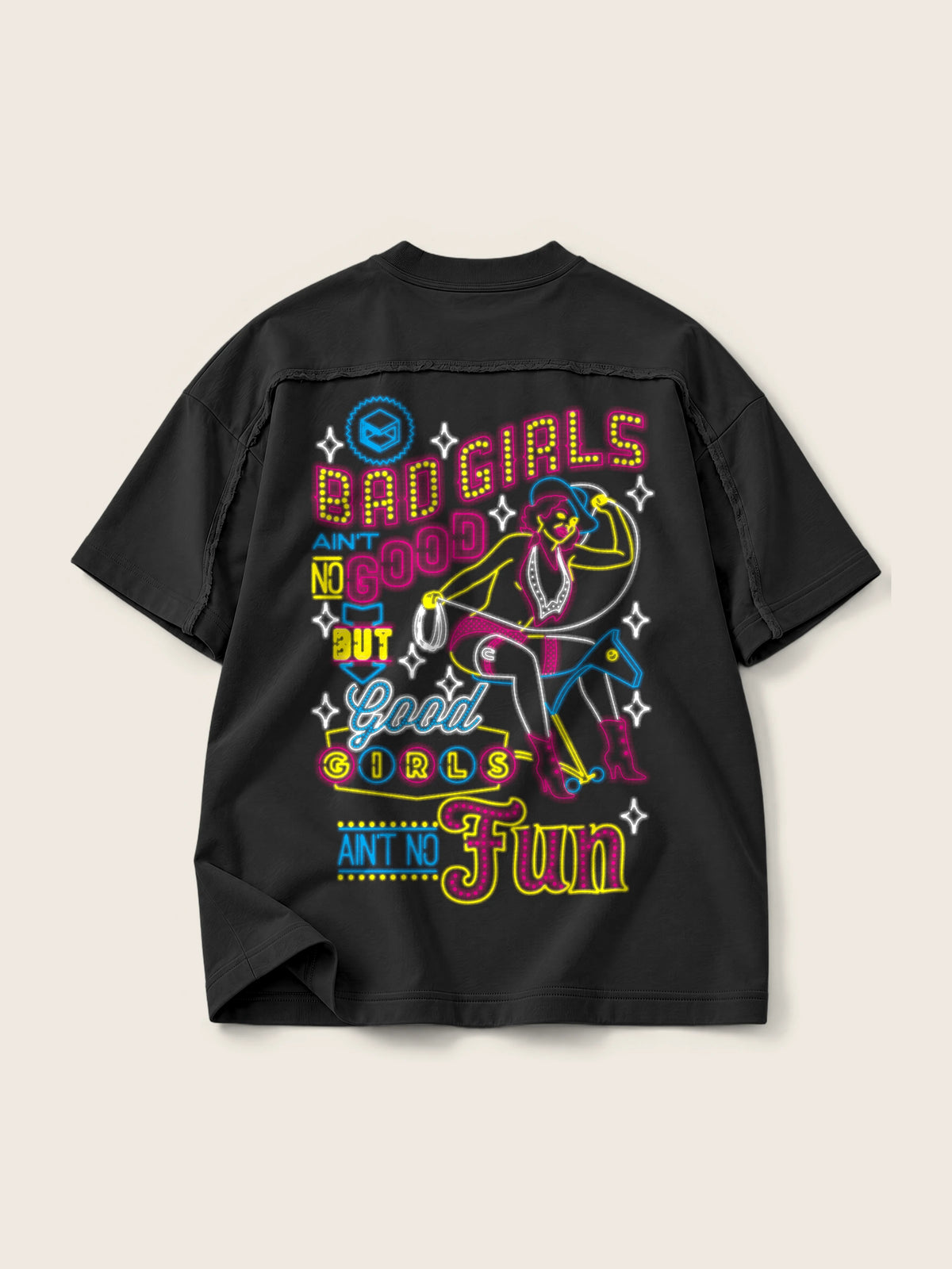 Bad Girls · Camiseta Semi Oversize con Cortes 410g, negro, estampado espalda, vista trasera