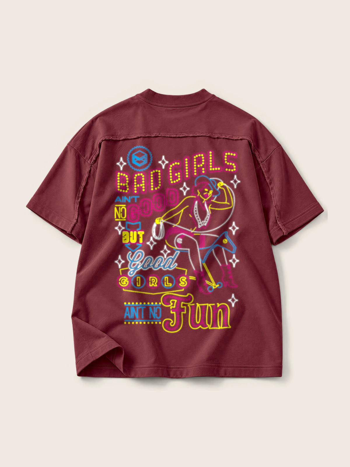 Bad Girls · Camiseta Semi Oversize con Cortes 410g, vino, estampado espalda, vista trasera