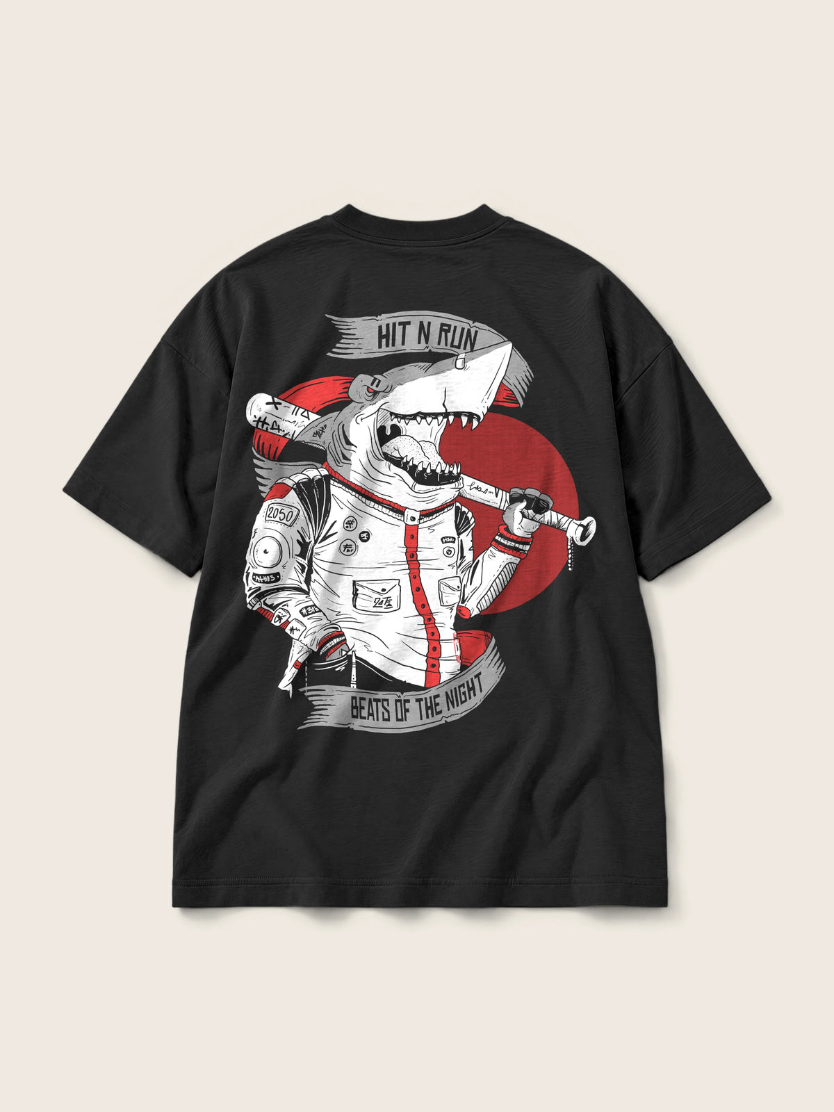 Baseball Shark · Camiseta Semi Oversize 310g, negro, estampado bolsillo + espalda, vista trasera