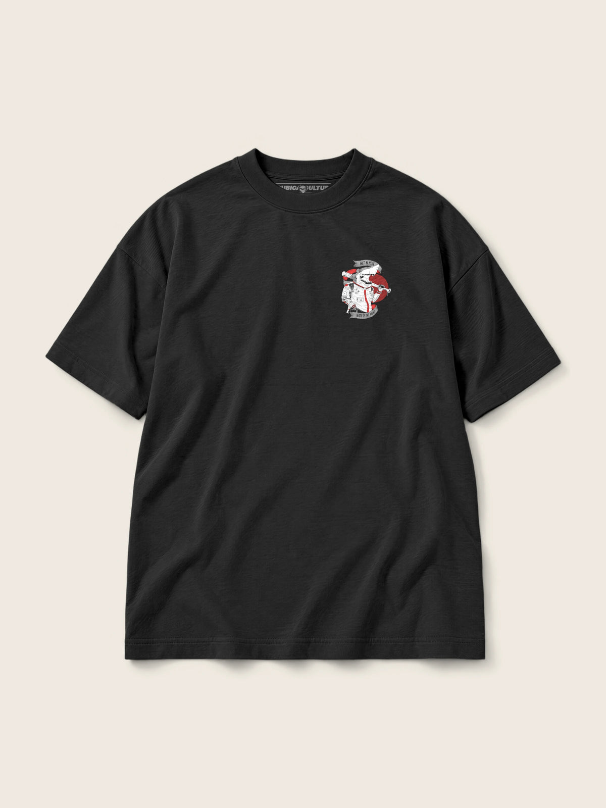 Baseball Shark · Camiseta Semi Oversize 310g, negro, estampado bolsillo + espalda, vista frontal