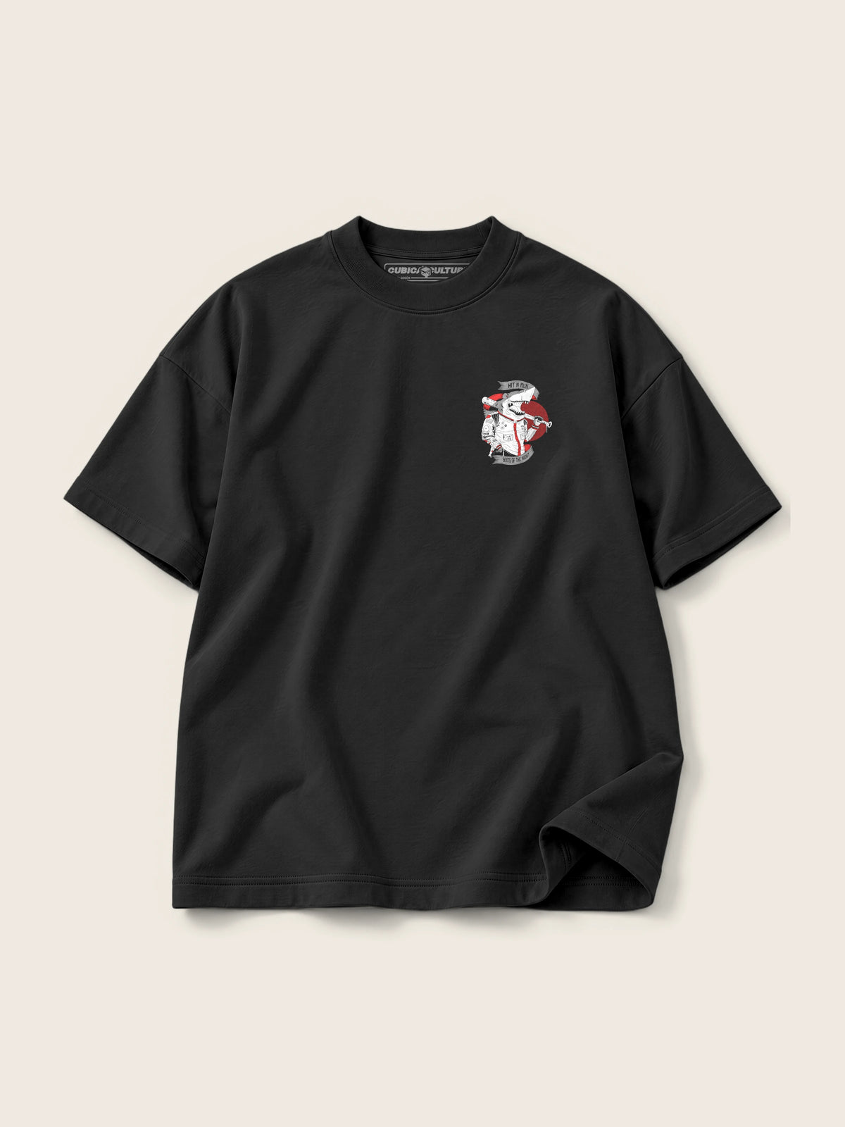 Baseball Shark · Camiseta Semi Oversize con Cortes 410g, negro, estampado bolsillo + espalda, vista frontal