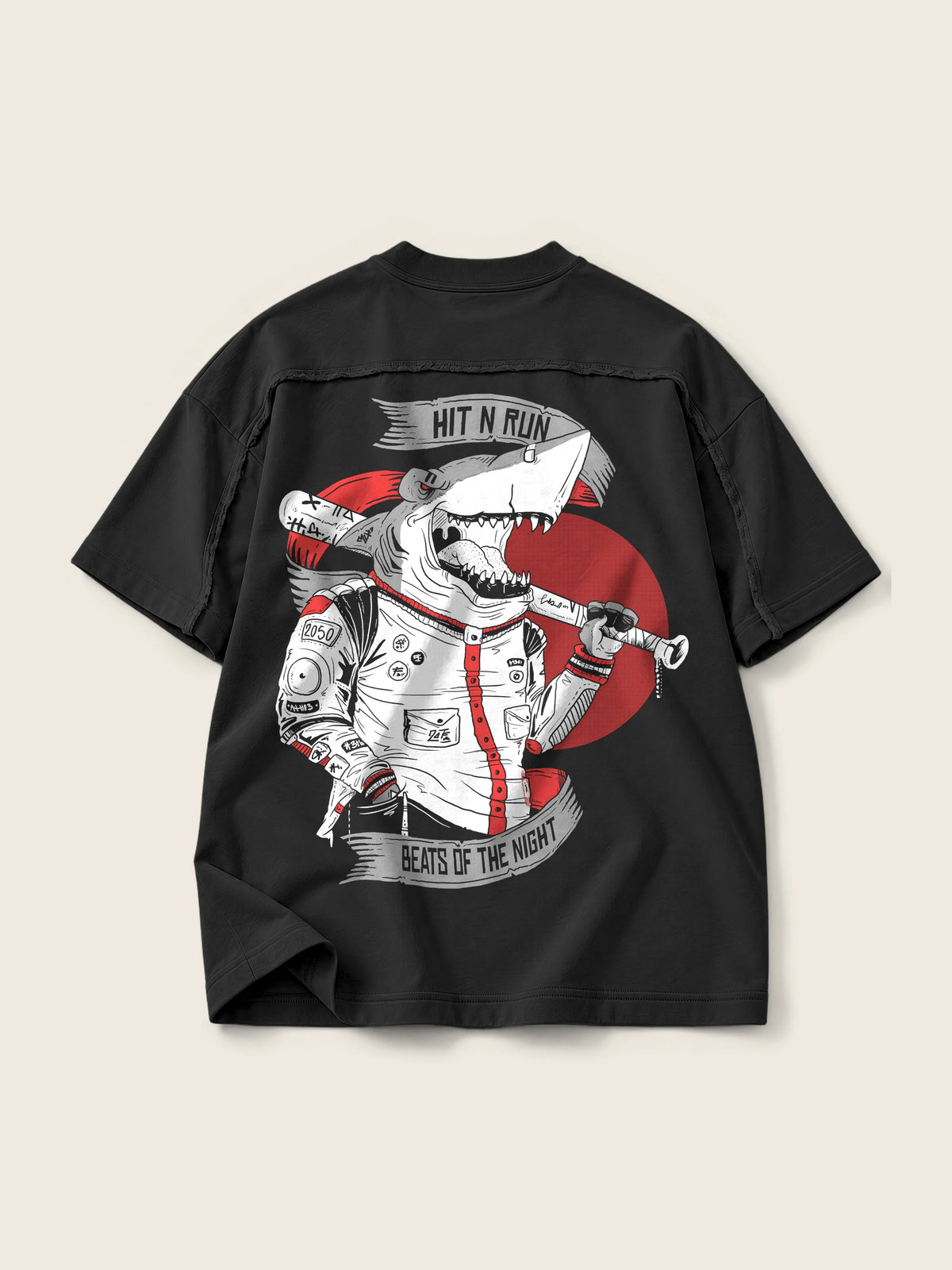 Baseball Shark · Camiseta Semi Oversize con Cortes 410g, negro, estampado espalda, vista trasera