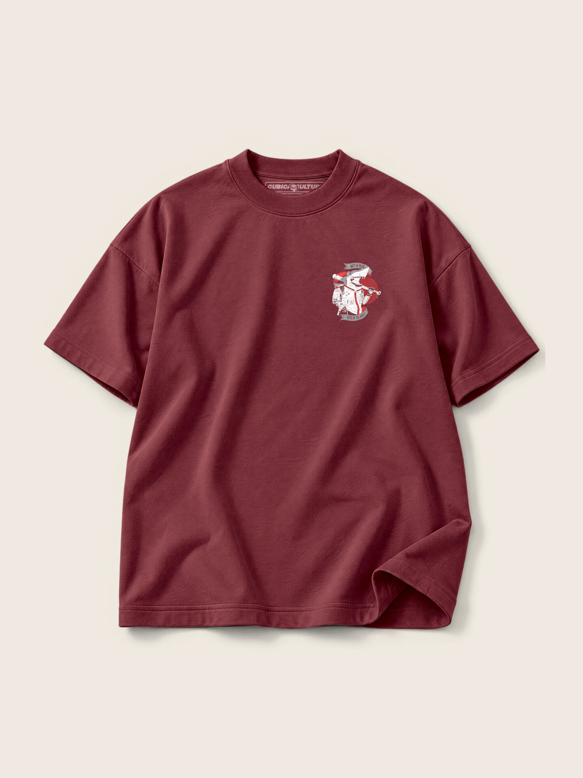 Baseball Shark · Camiseta Semi Oversize con Cortes 410g, vino, estampado bolsillo + espalda, vista frontal