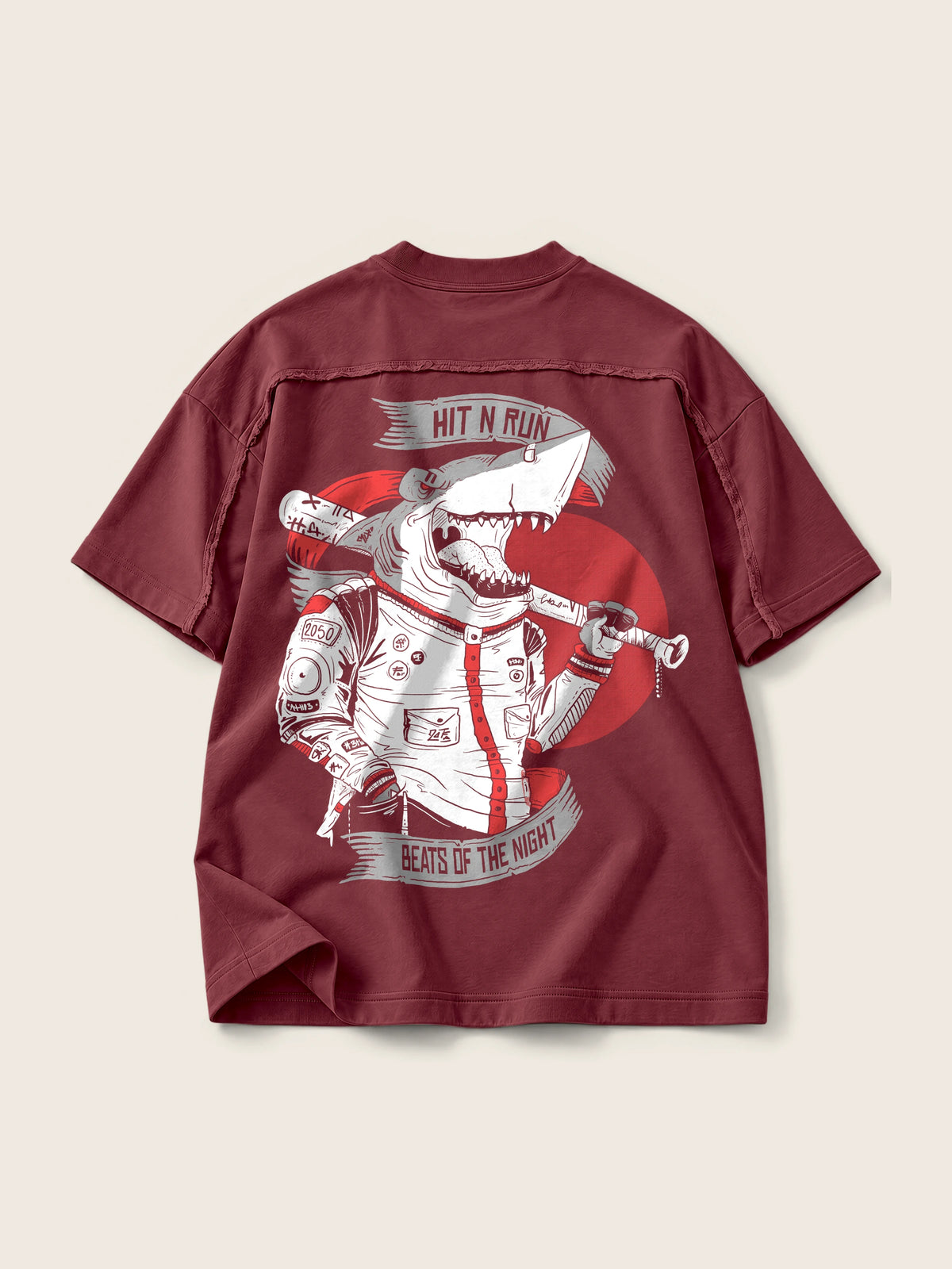 Baseball Shark · Camiseta Semi Oversize con Cortes 410g, vino, estampado espalda, vista trasera