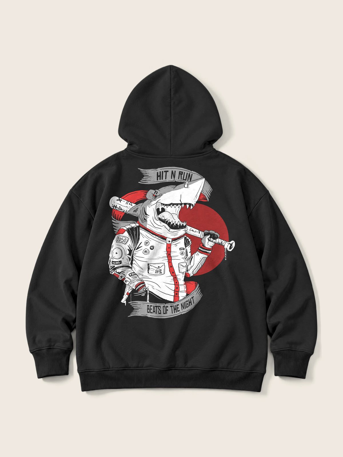 Baseball Shark · Hoodie 410g Negro, negro, estampado bolsillo + espalda, vista trasera