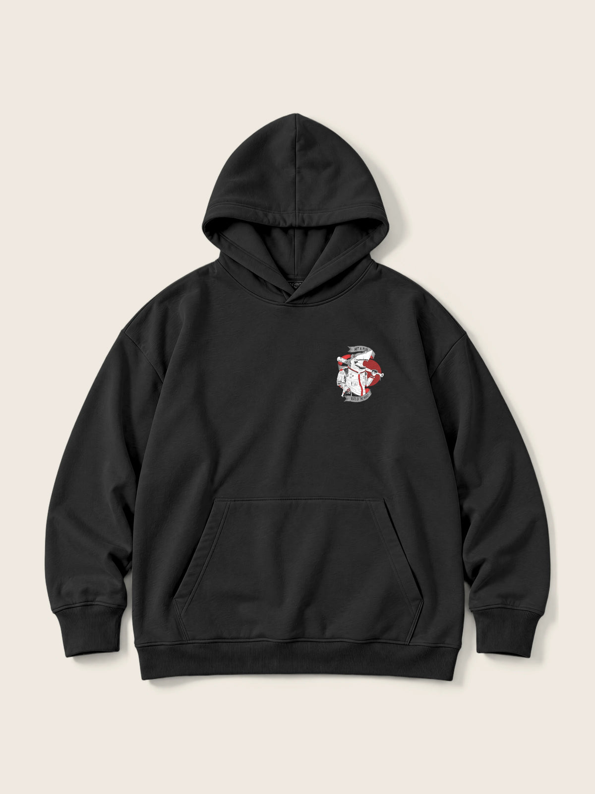 Baseball Shark · Hoodie 410g Negro, negro, estampado bolsillo + espalda, vista frontal