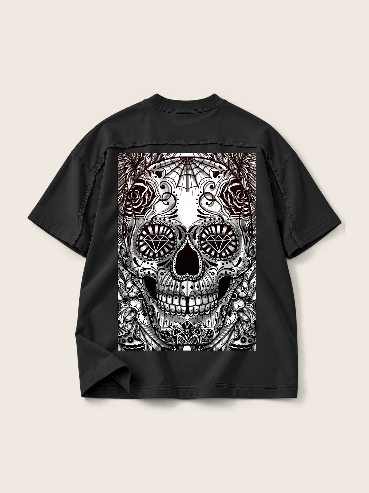 Catrina · Camiseta Semi Oversize con Cortes 410g, negro, estampado espalda, vista trasera