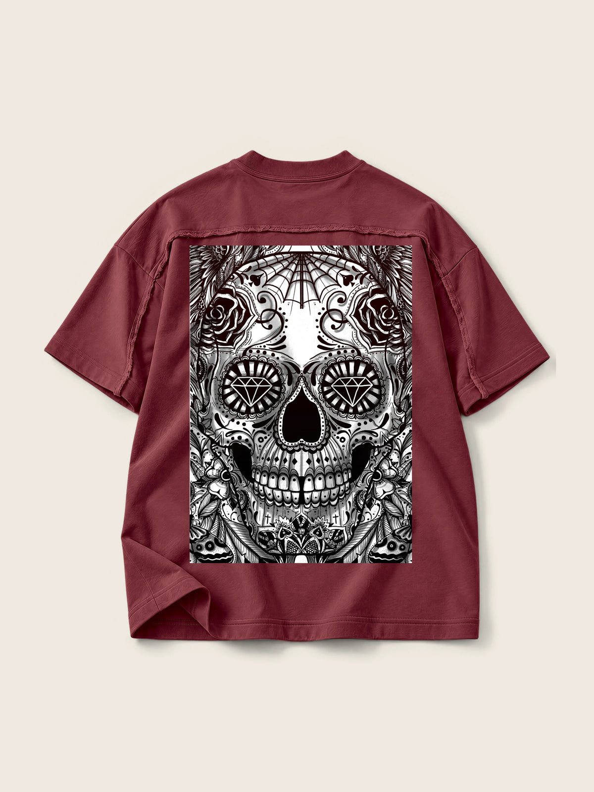 Catrina · Camiseta Semi Oversize con Cortes 410g, vino, estampado espalda, vista trasera