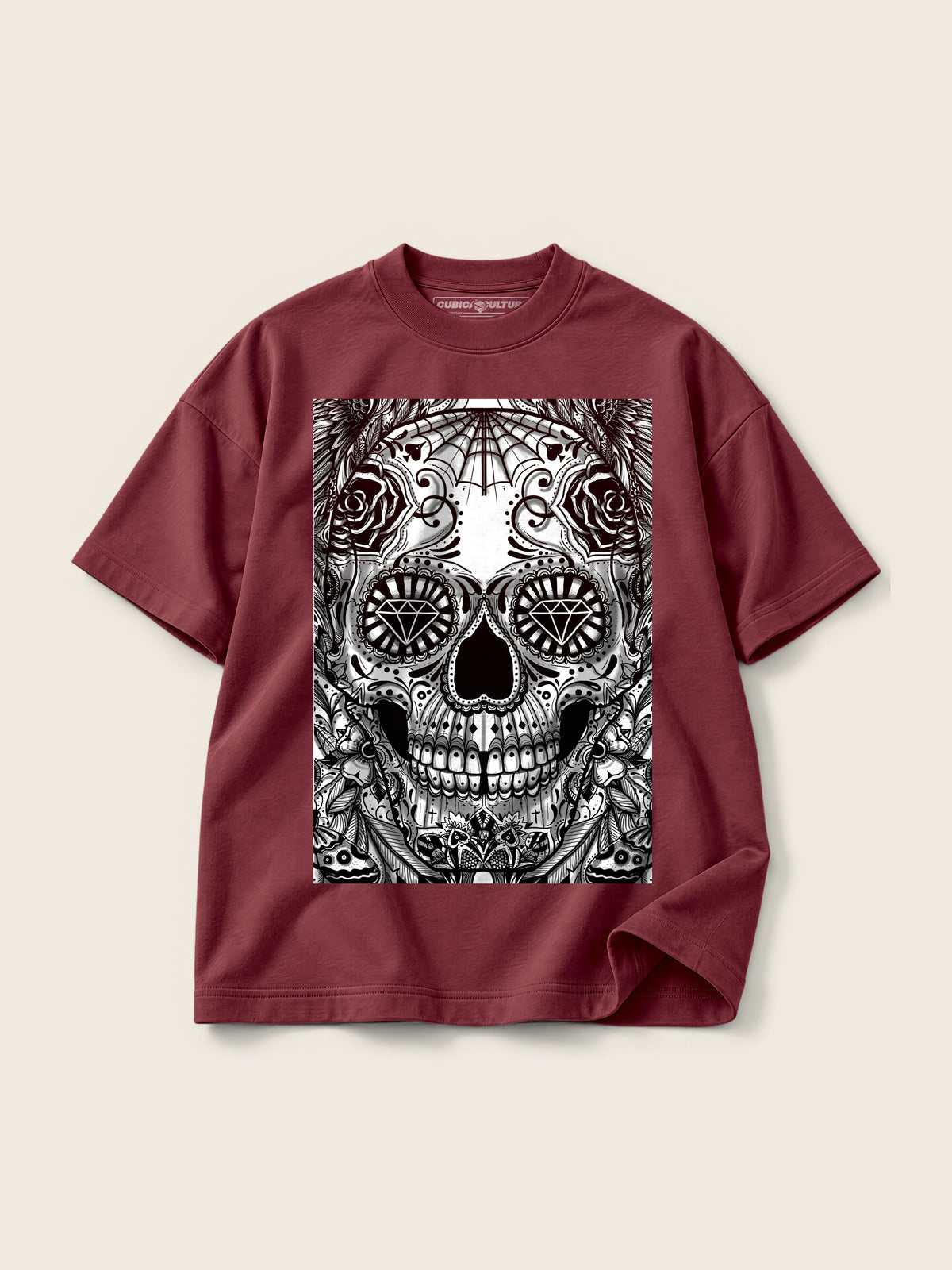 Catrina · Camiseta Semi Oversize con Cortes 410g, vino, estampado frente, vista frontal