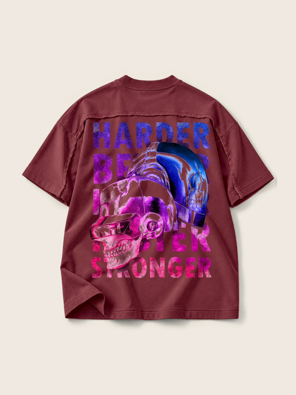 Cráneos Daft Punk · Camiseta Semi Oversize con Cortes 410g, vino, estampado espalda, vista trasera