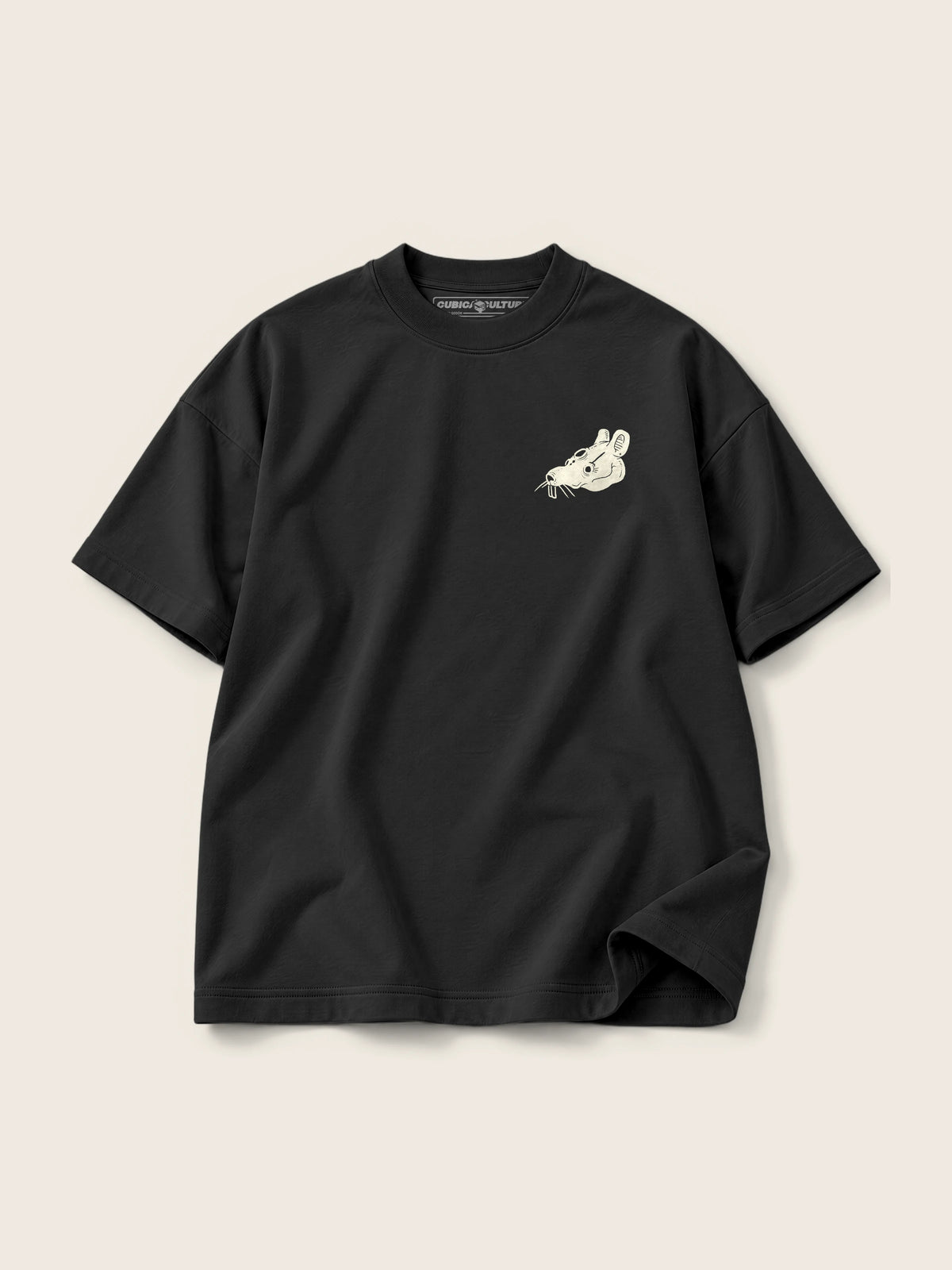 Crazy Mouse · Camiseta Semi Oversize con Cortes 410g, negro, estampado bolsillo, vista frontal