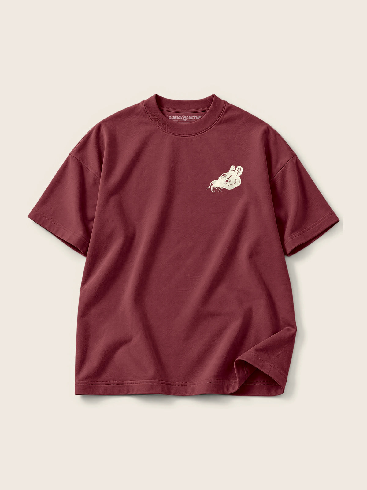 Crazy Mouse · Camiseta Semi Oversize con Cortes 410g, vino, estampado bolsillo, vista frontal