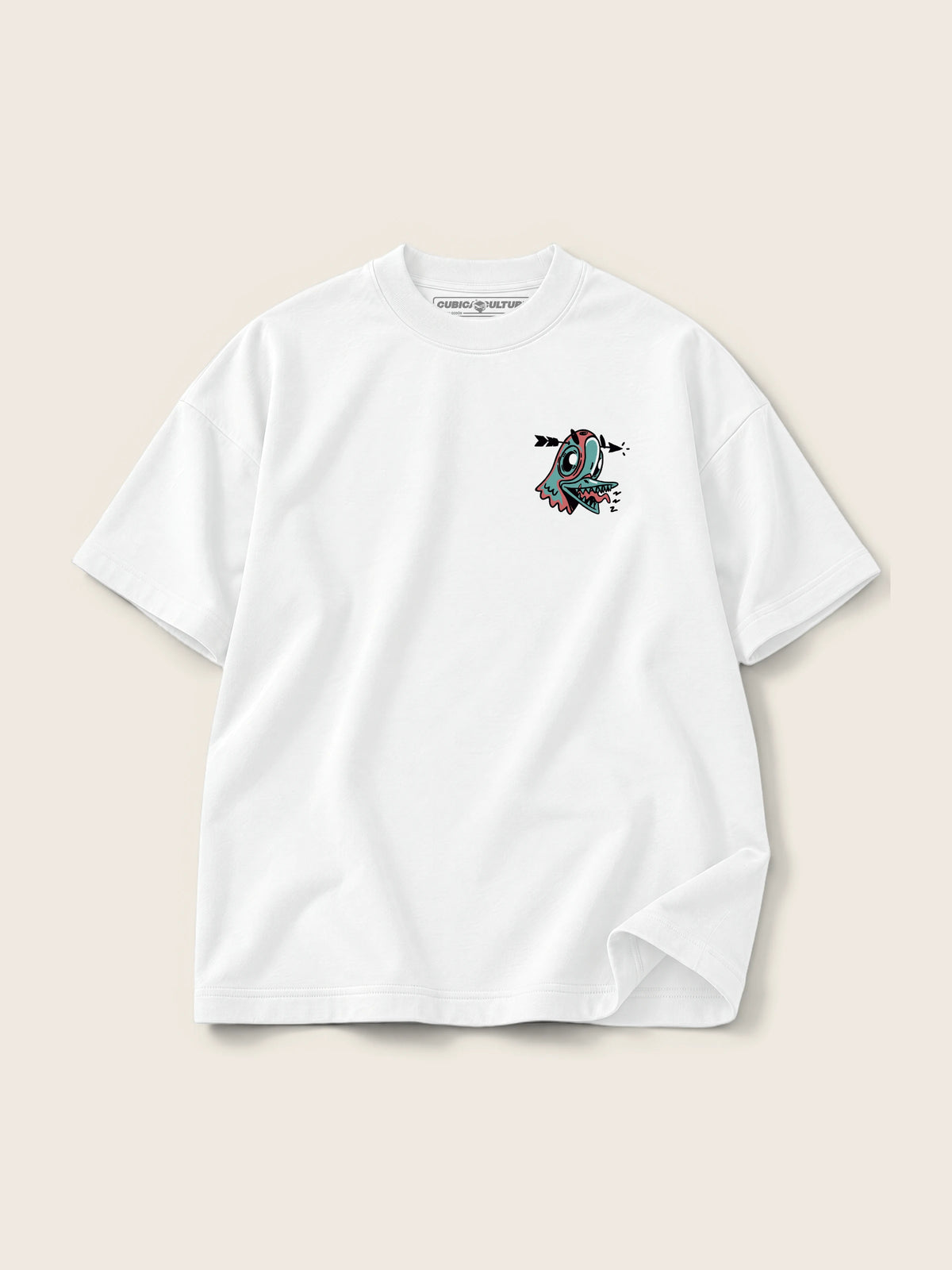 Crazy Paloma · Camiseta Semi Oversize con Cortes 410g, blanco, estampado bolsillo, vista frontal