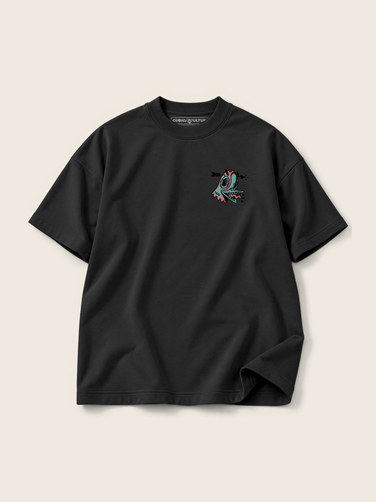 Crazy Paloma · Camiseta Semi Oversize con Cortes 410g, negro, estampado bolsillo, vista frontal