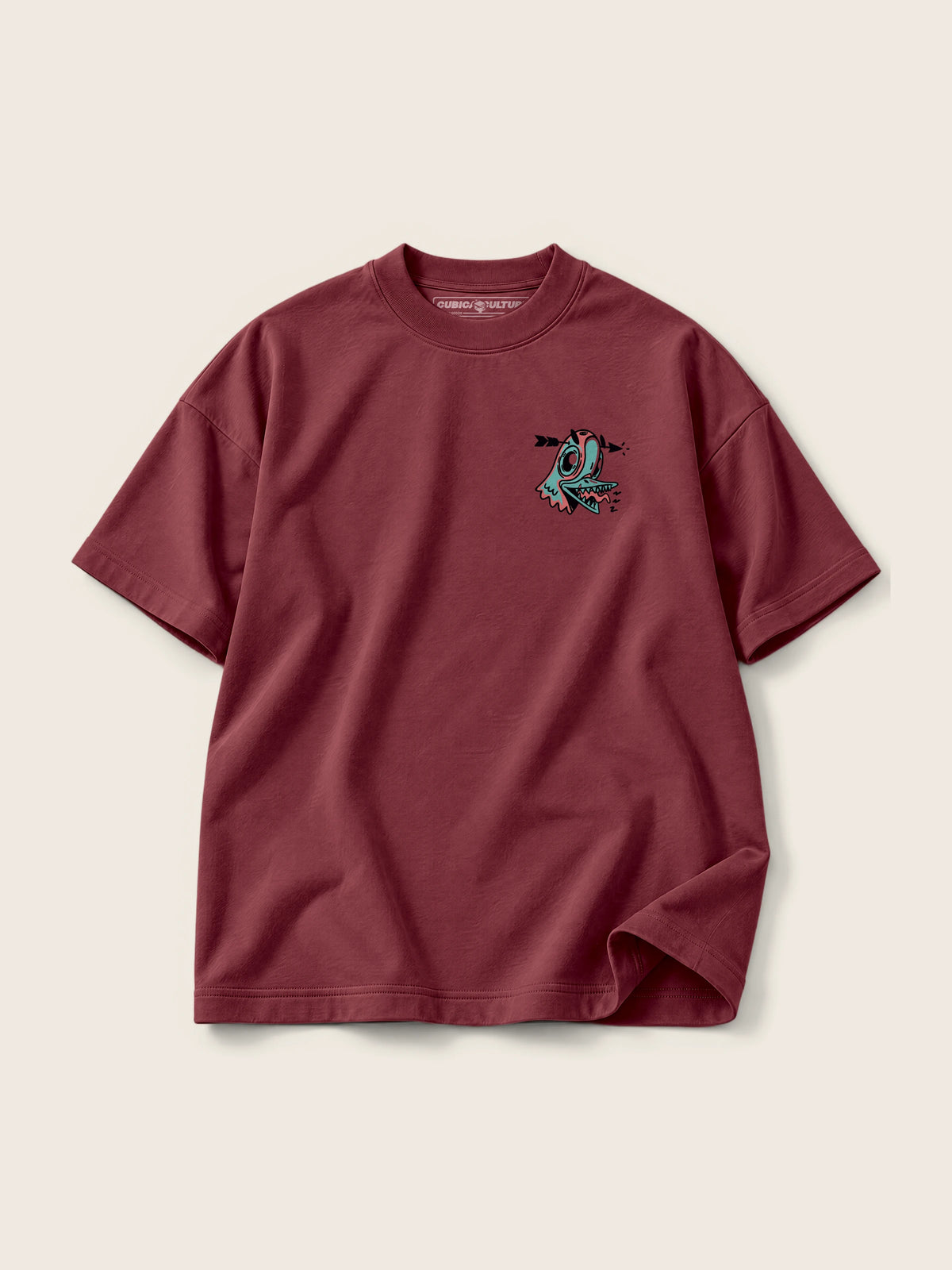 Crazy Paloma · Camiseta Semi Oversize con Cortes 410g, vino, estampado bolsillo, vista frontal
