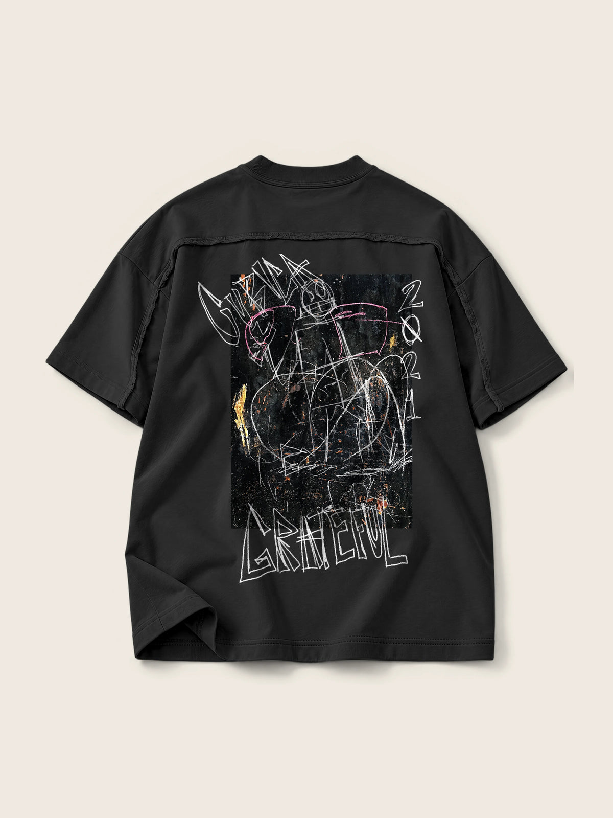Cubica Grateful · Camiseta Semi Oversize con Cortes 410g Negro, negro, estampado espalda, vista trasera