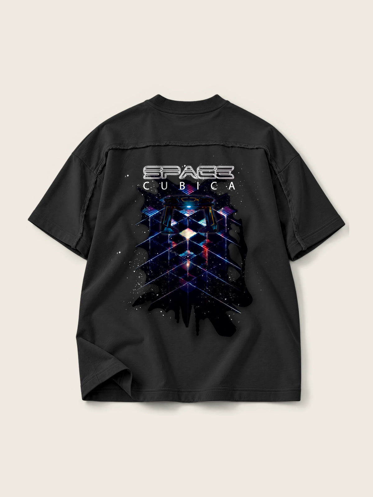 Cubica Space · Camiseta Semi Oversize con Cortes 410g Negro, negro, estampado espalda, vista trasera