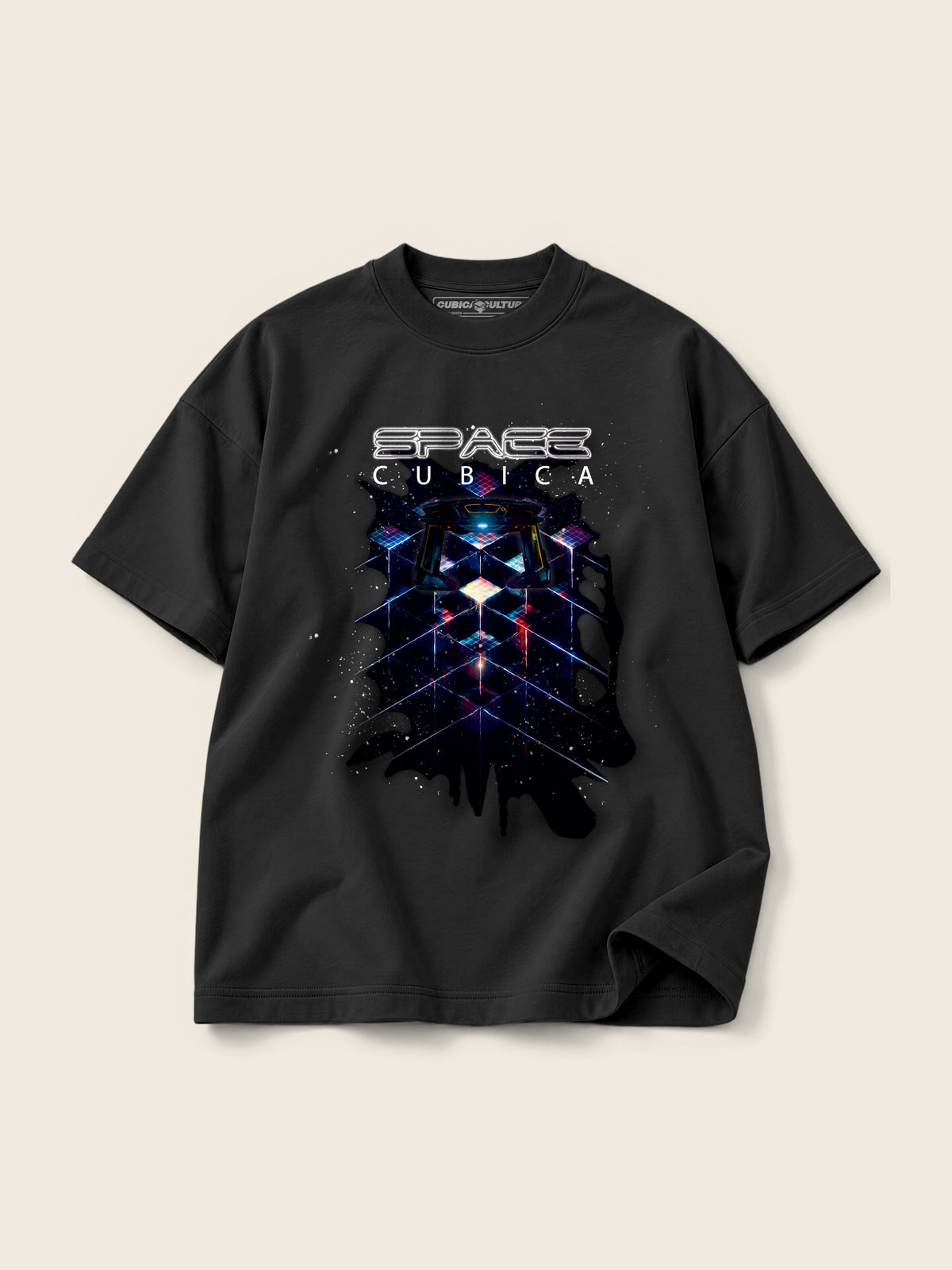 Cubica Space · Camiseta Semi Oversize con Cortes 410g Negro, negro, estampado frente, vista frontal