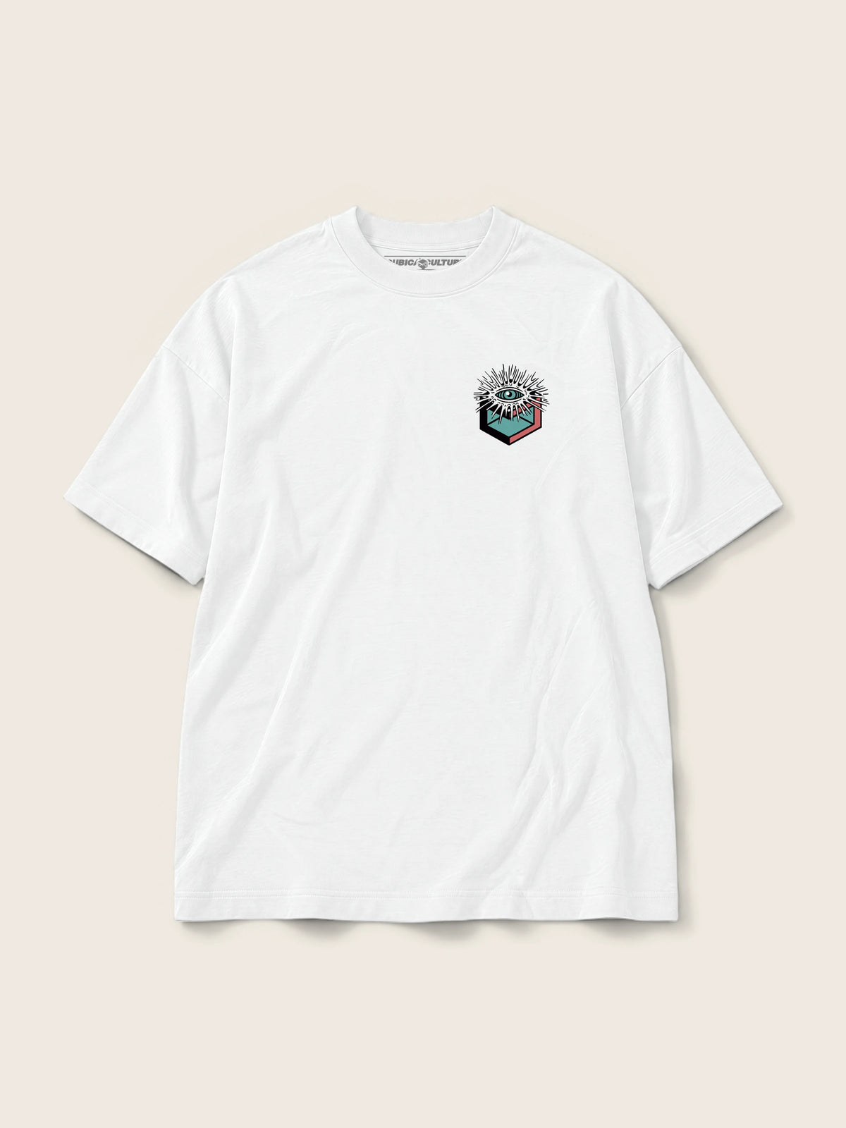 Cubo Eyes · Camiseta Semi Oversize 250g Blanco, blanco, estampado bolsillo, vista frontal