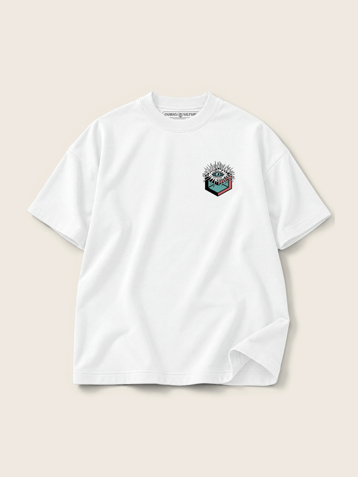 Cubo Eyes · Camiseta Semi Oversize con Cortes 410g Blanco, blanco, estampado bolsillo, vista frontal