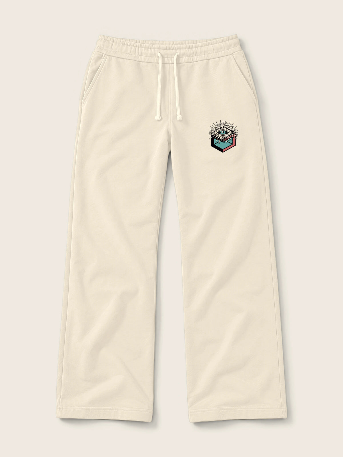 Cubo Eyes · Pantalón Sudadera 410g Crudo, crudo, estampado bolsillo, vista frontal