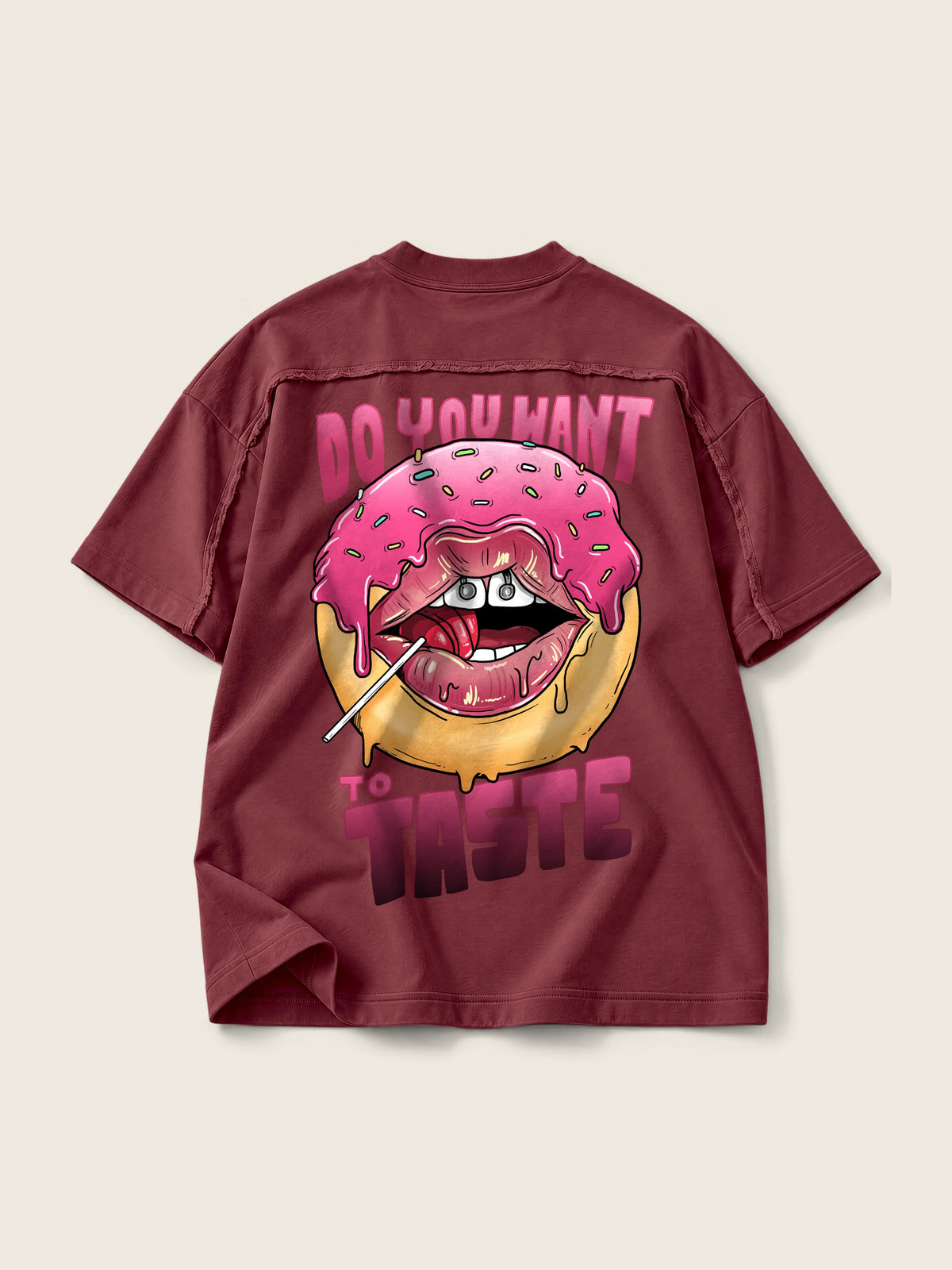 Do You Want · Camiseta Semi Oversize con Cortes 410g, vino, estampado espalda, vista trasera