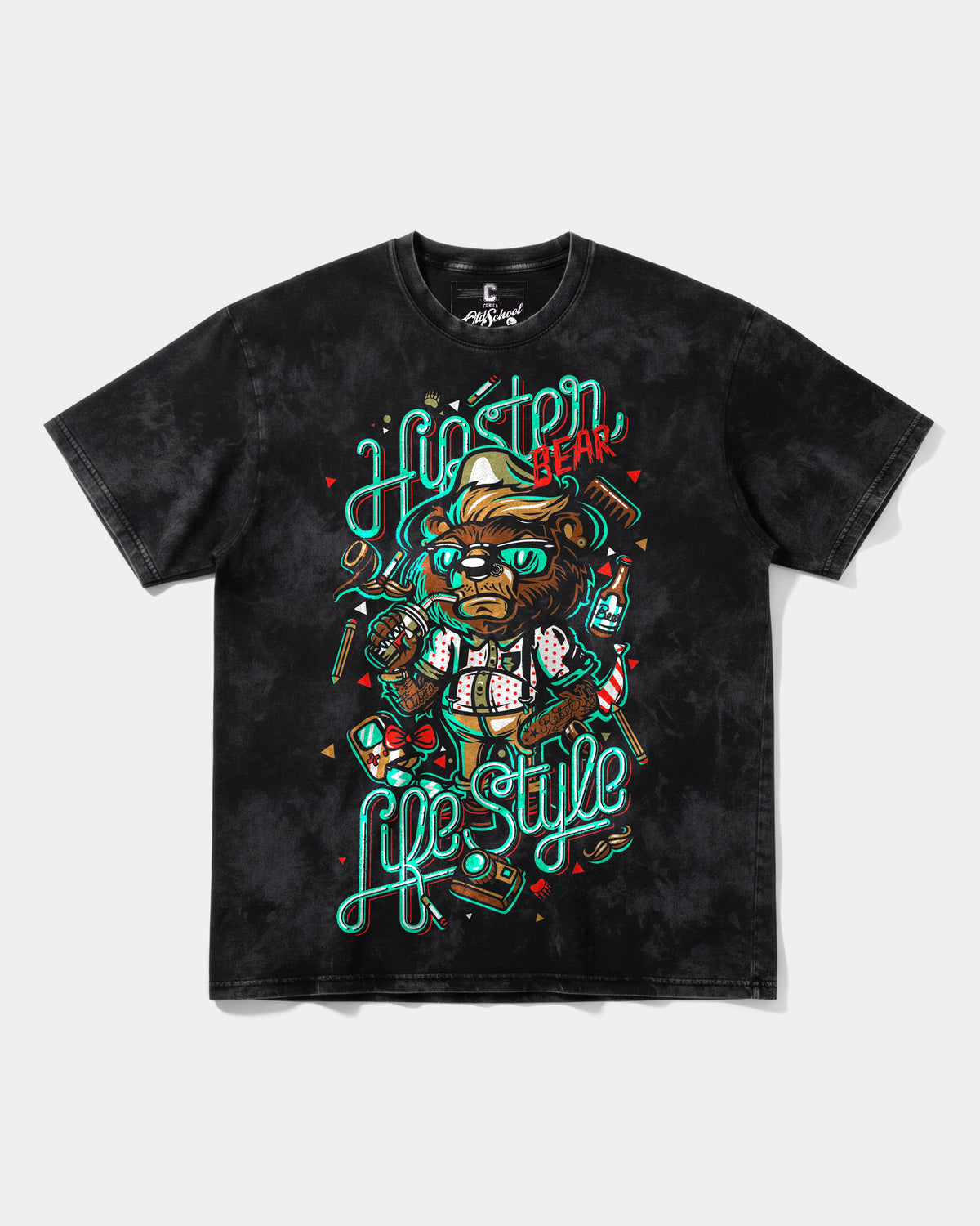 Hipster Bear Big Front Oversize Acid T-Shirt