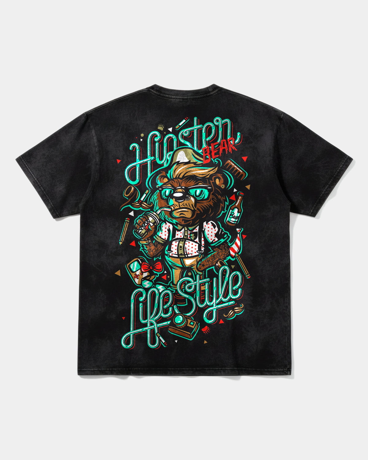 Hipster Bear Chest Back Oversize Acid T-Shirt