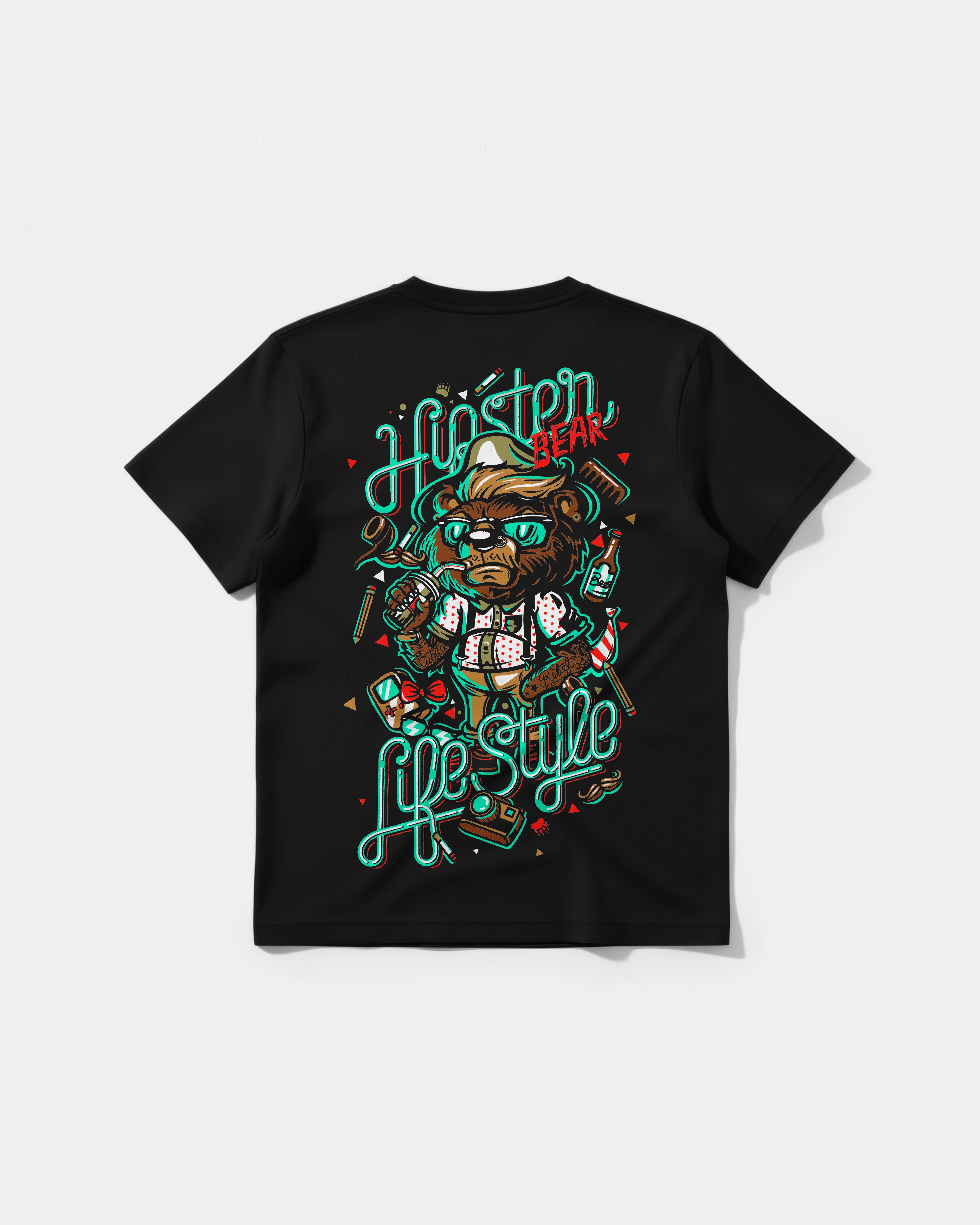 Camiseta Hipster Bear Pocket Espalda Regular Basic
