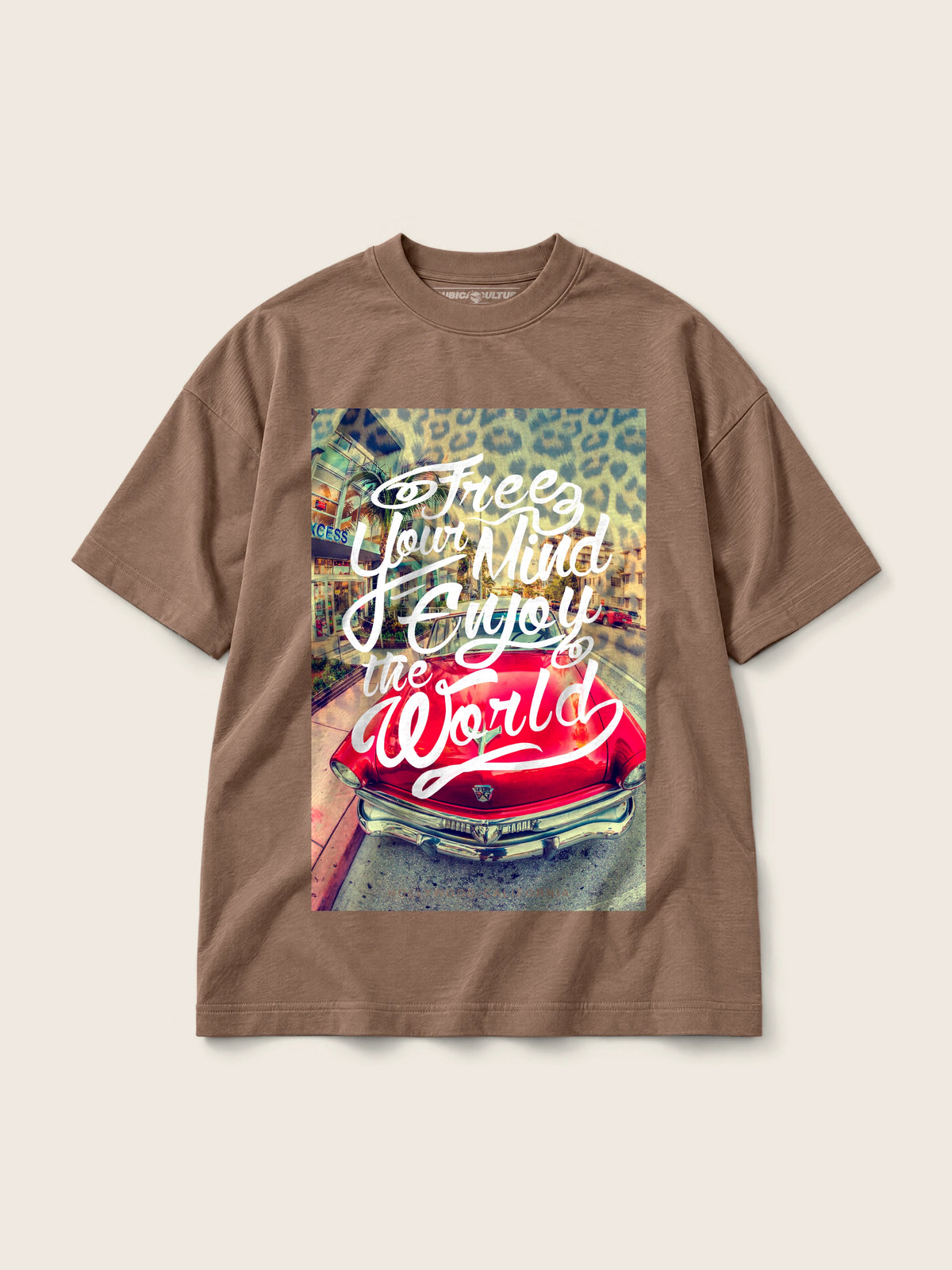 Enjoy The World · Camiseta Semi Oversize 310g, chocolate, estampado frente, vista frontal