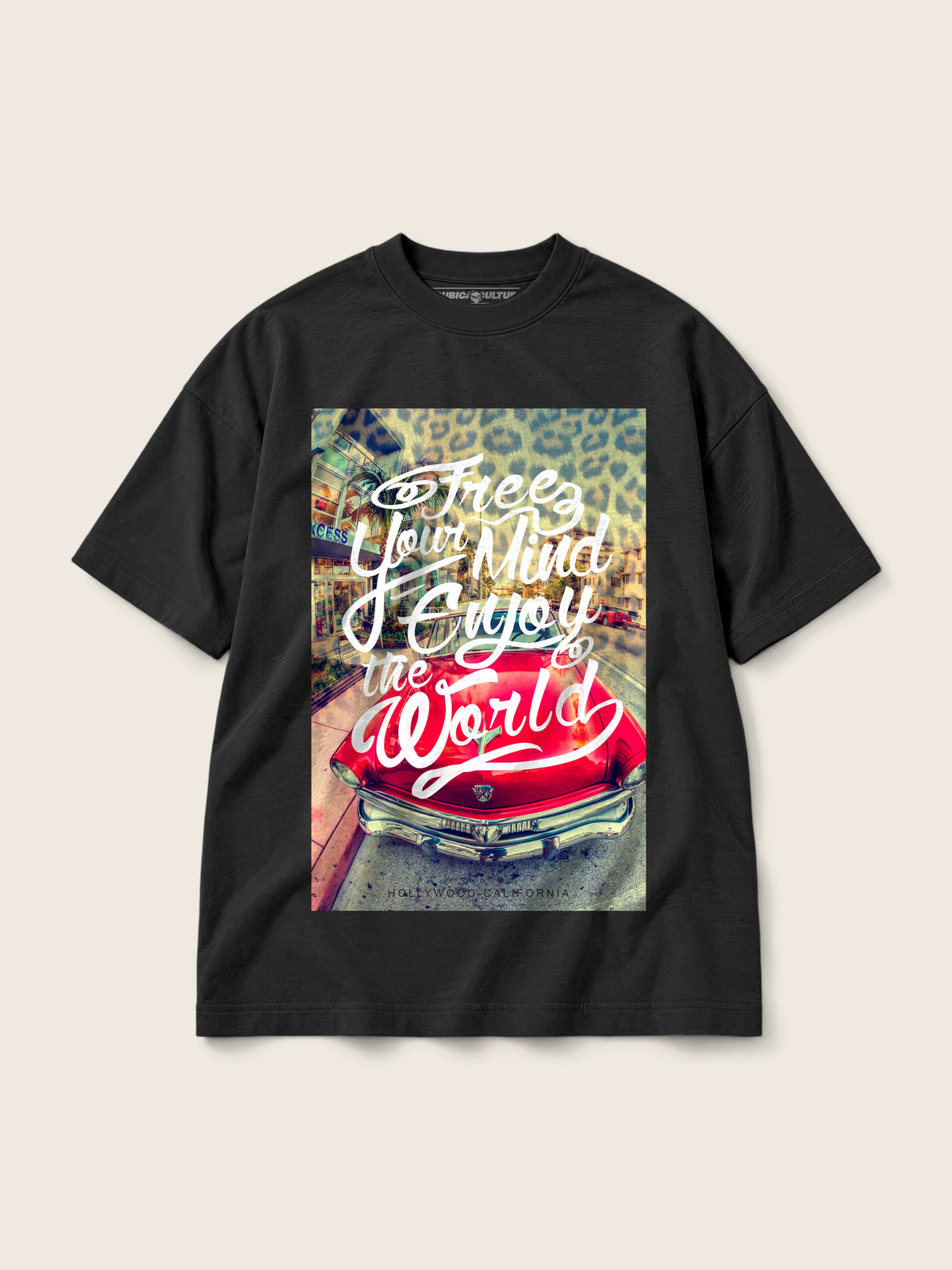 Enjoy The World · Camiseta Semi Oversize 310g, negro, estampado frente, vista frontal