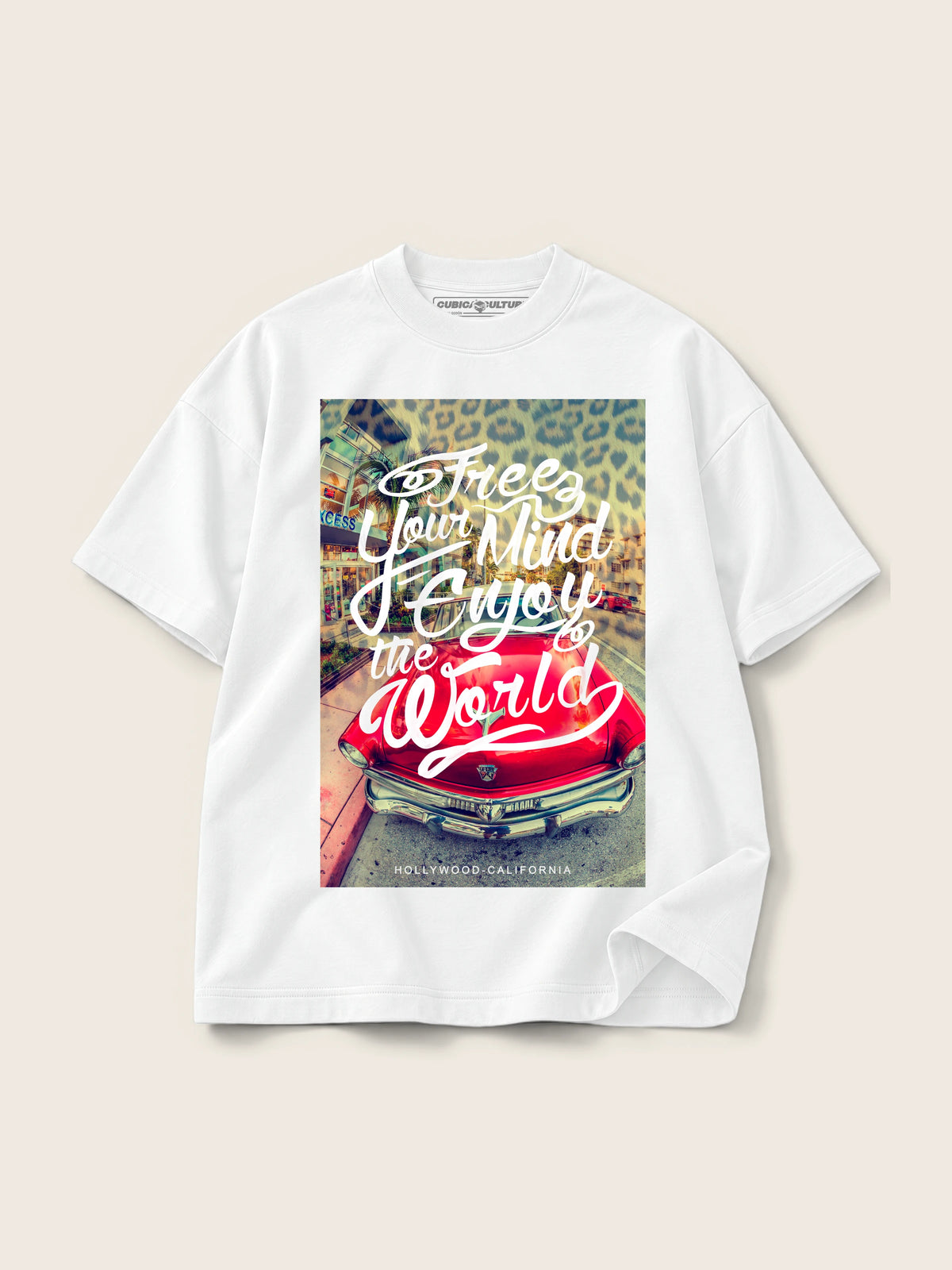 Enjoy The World · Camiseta Semi Oversize con Cortes 410g, blanco, estampado frente, vista frontal