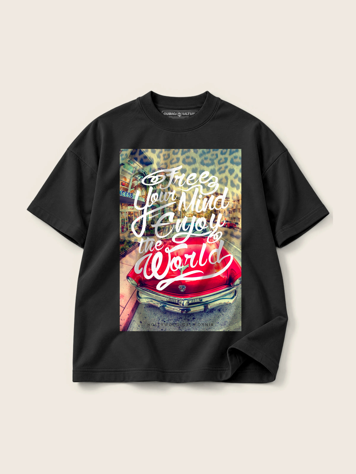 Enjoy The World · Camiseta Semi Oversize con Cortes 410g, negro, estampado frente, vista frontal